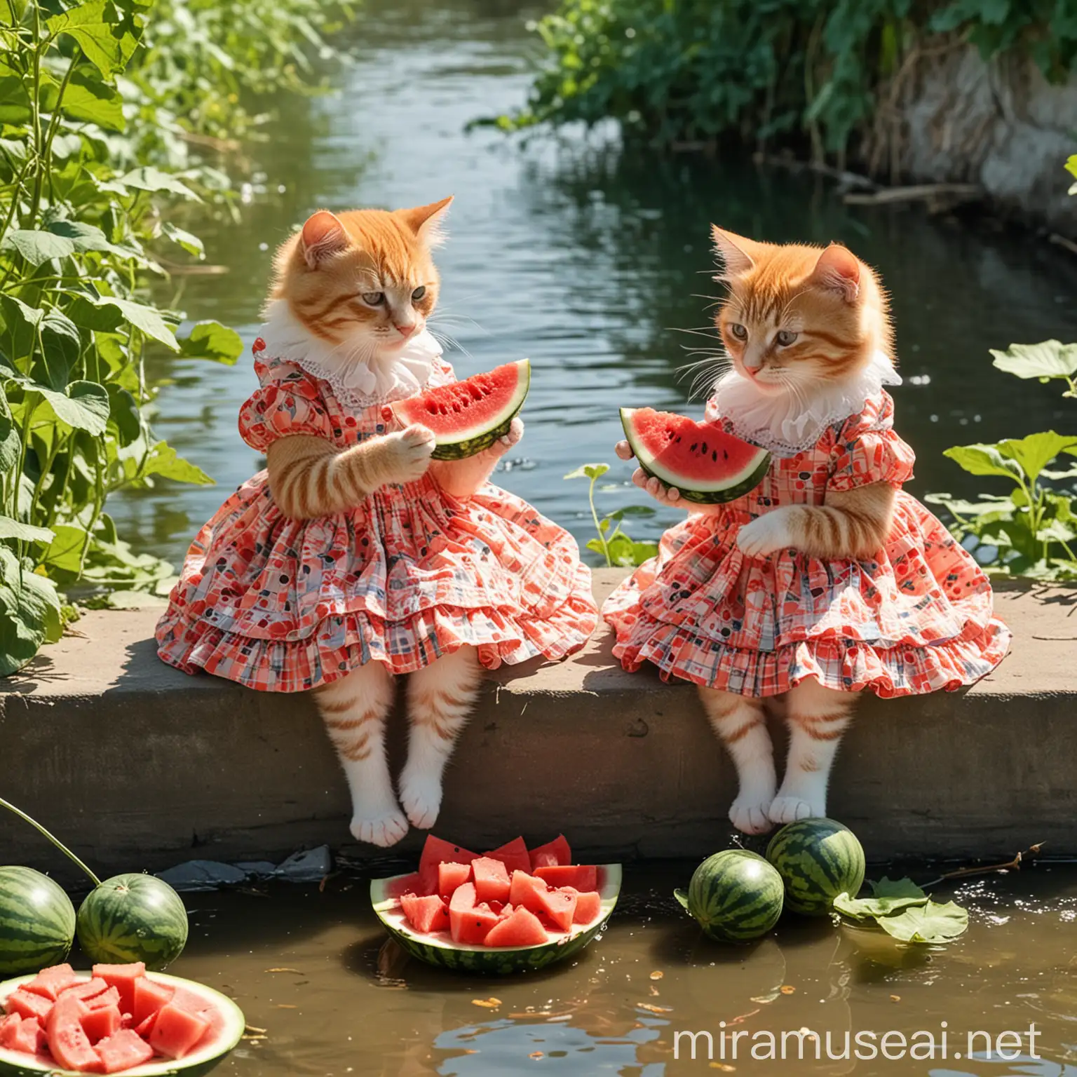 On a sunny afternoon, two little orange cats with dresses are eating watermelons by the river