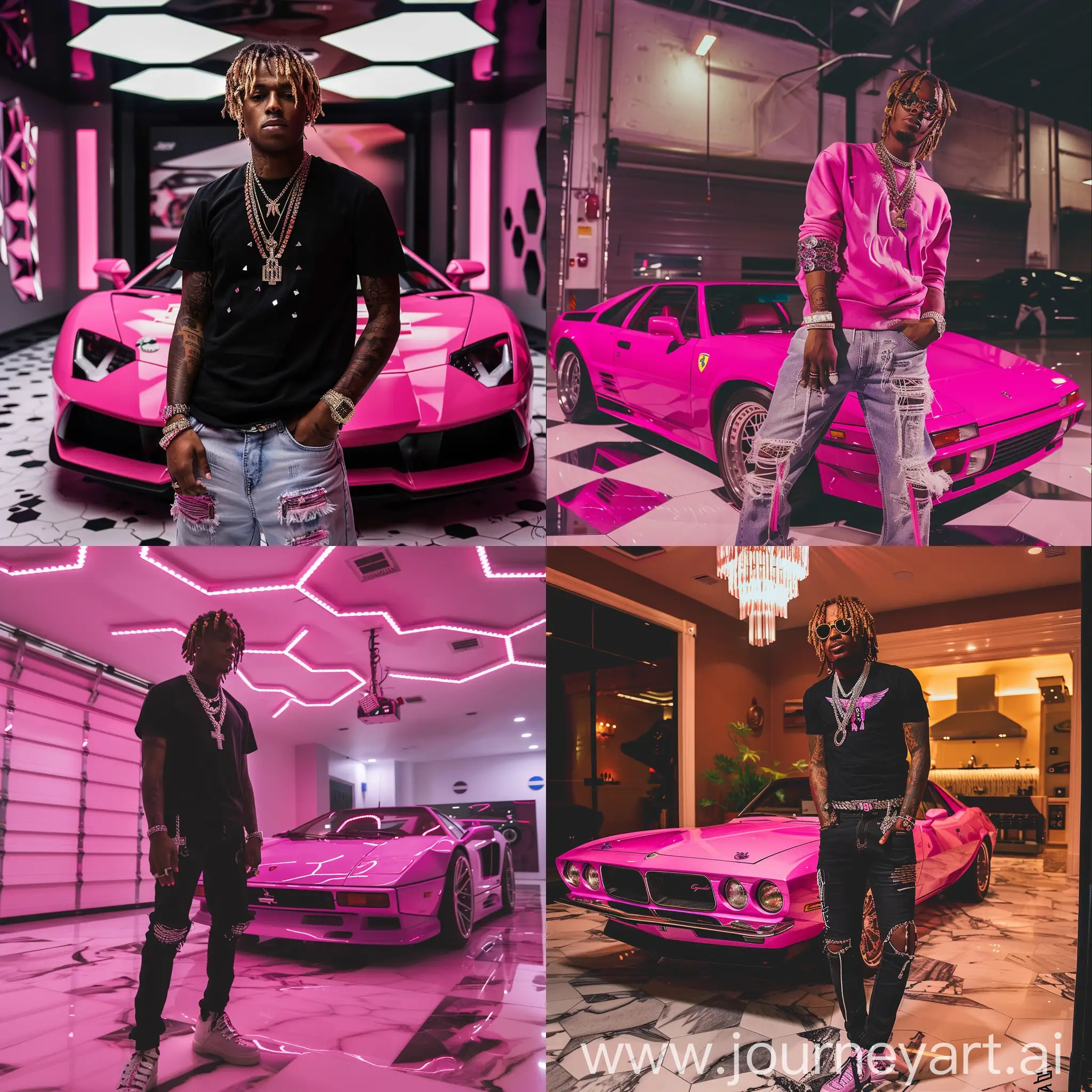 a photograph of juice wrld wearing a nlack shirt and sagging jeans and diamond jewelry,showing off a 1968 bubble gum pink lamborgini espada in a expensive garage with marble floor and hexagon lights