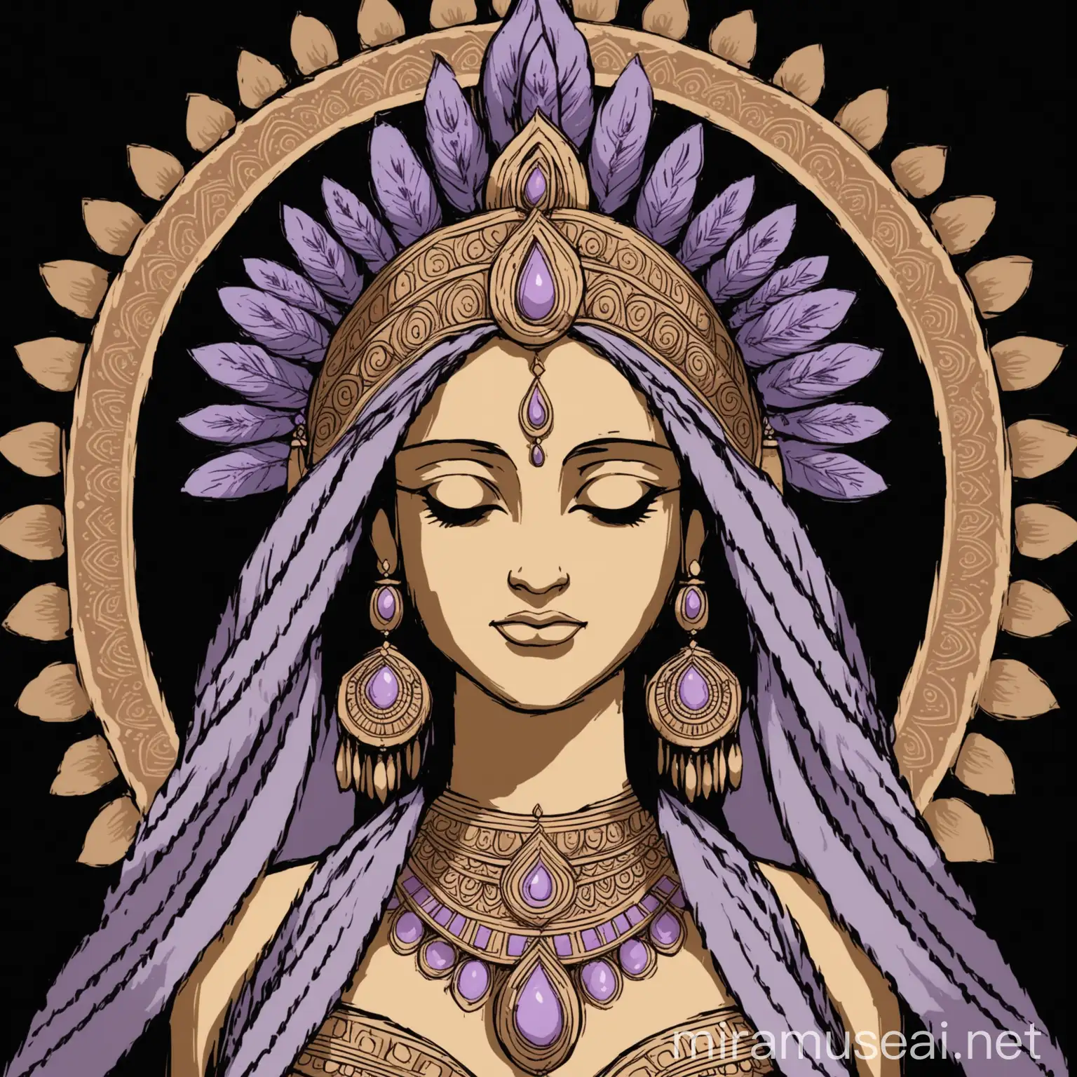 рисунок богини 40 лет по плечи, на черном фоне, головной убор в индийском стиле, цвета сиреневый и бежевый