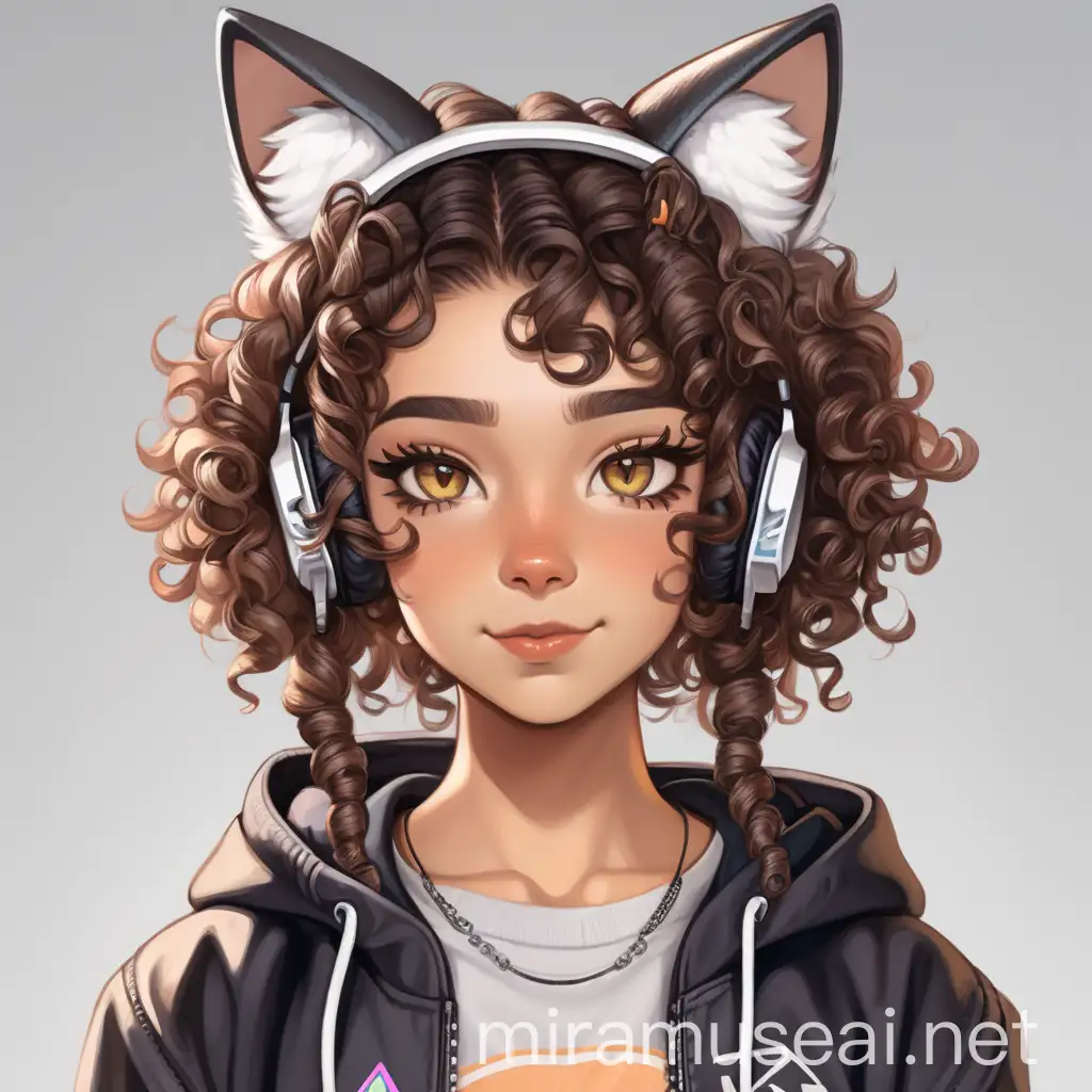 Hispanic gamer girl with curly 3c type hair, hazel eyes and cat ears wearing alt fashion