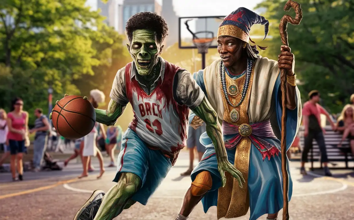 AfricanAmerican-Zombie-Playing-Basketball-Near-an-African-Sorcerer