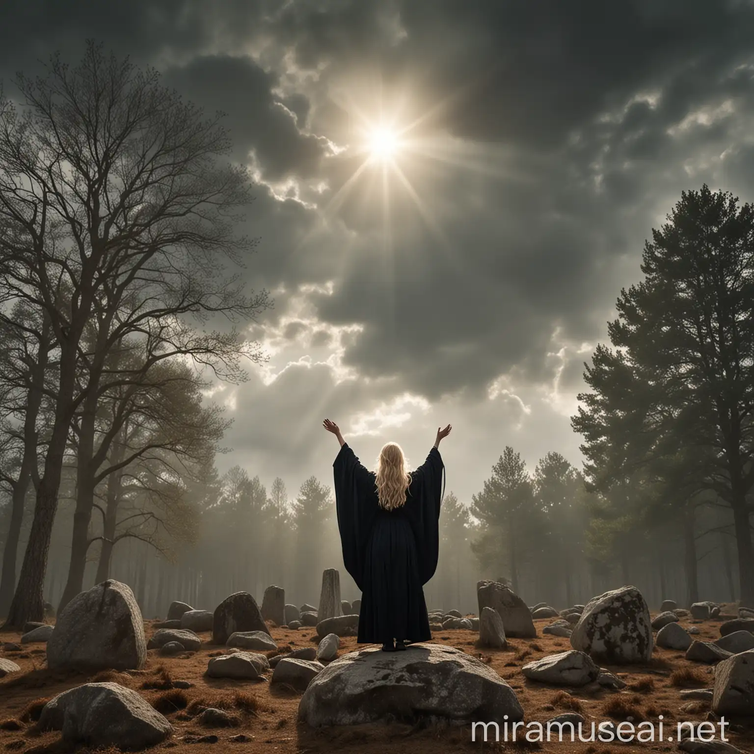 A blond woman, wearing a dark ritual robe, standing on top of a 2 meters high dolmen, in the middle of a clearing, in a flat oak forest area. She's raising her arms towards a bright sun. The sky is slowly darkening with storm clouds all around the scene. The image should be high resolution.