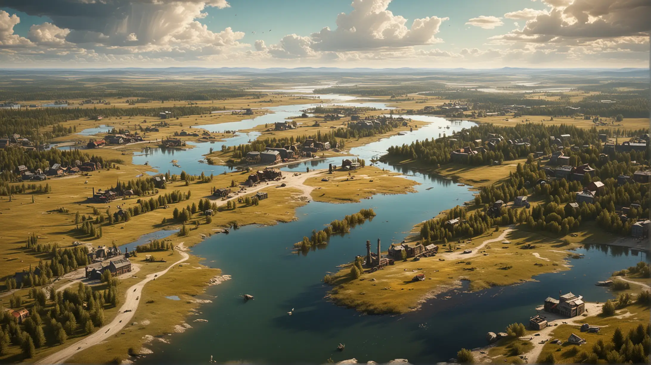 The landscape of the wilderness with the wild river, small lake, and steampunk city on the horizon, sunny, bird's eye distant view