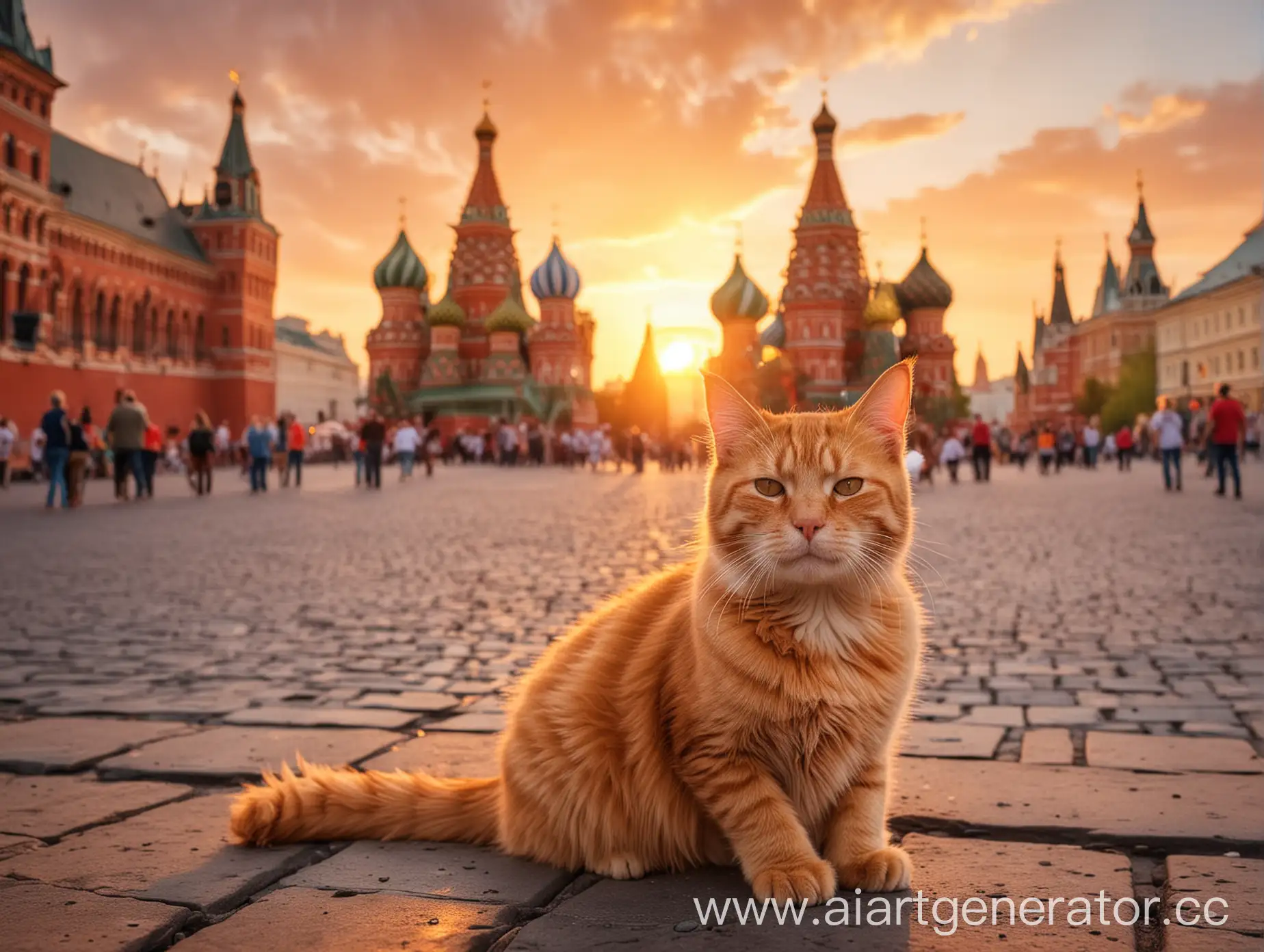 Горящий рыжий кот на красной площади с красивым закатом летом