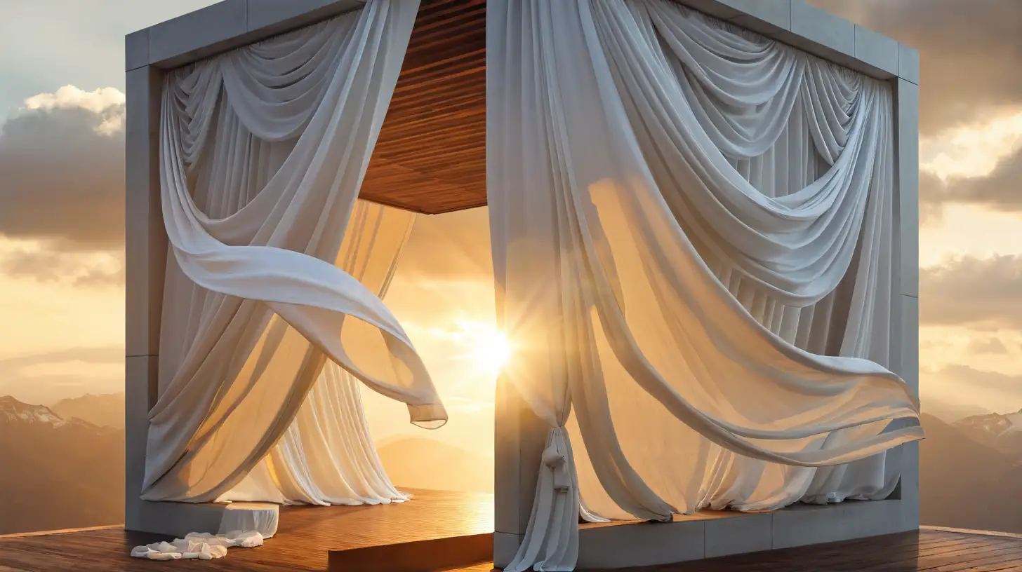 create something like this but frontal perspective, floating white curtains
