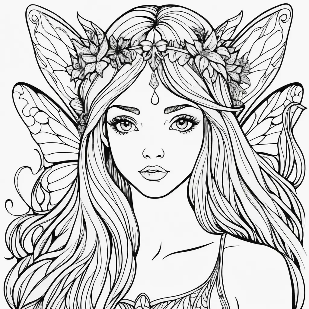 Fairy Portrait Adult Coloring Page Intricately Drawn Black and White Vector Illustration