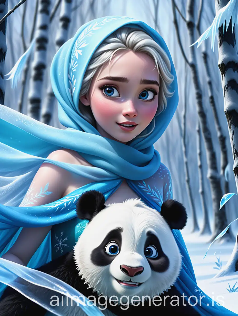 Create for me a picture, portrait of a pretty girl wearing a long blue hijab that is fluttering in the wind, she is wearing Princess Elsa's dress (the one worn by Elsa in the Frozen movie) and riding on a large, strong panda through a forest of ice and snow, hyperrealistic, ultra HD, very realistic