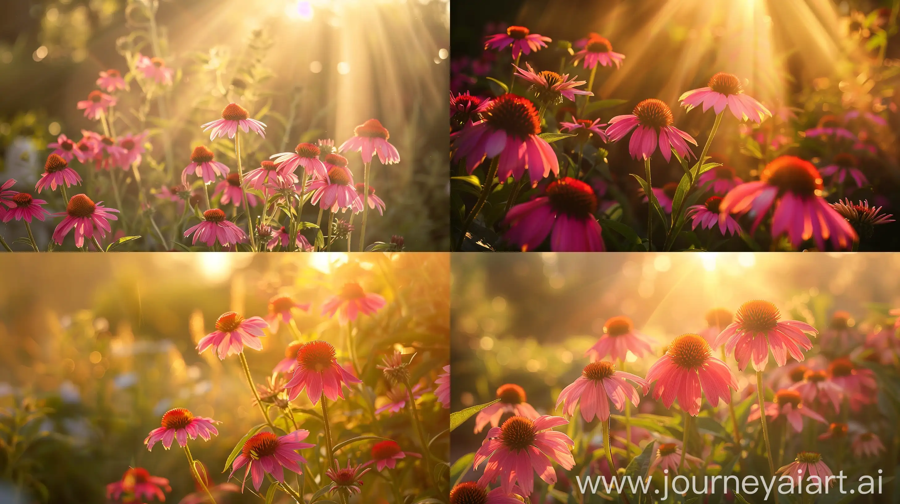 High detailed photo capturing a Echinacea, Pink Double Delight. The sun, casting a warm, golden glow, bathes the scene in a serene ambiance, illuminating the intricate details of each element. The composition centers on a Echinacea, Pink Double Delight. Fancy flowers in hot pink bloom for 2-3 months. These gorgeous coneflowers are well branched with sturdy flower stems. Compact at only 24-28" tall. Perfect for cutting. They thrive even in intense heat and humidity!. The image evokes a sense of tranquility and natural beauty, inviting viewers to immerse themselves in the splendor of the landscape. --ar 16:9 