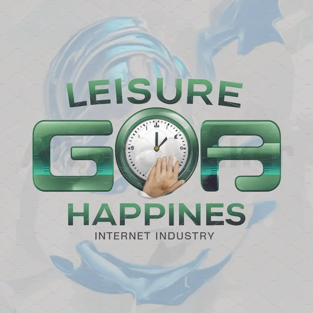 a logo design,with the text "Shanghai sharp leisure fun happiness care", main symbol:in the middle is a round clock, with a hand holding or grasping this round clock, the whole is a greenish hue, with a little blue, blank place filled with a bit sci-fi color,Moderate,be used in Internet industry,clear background
