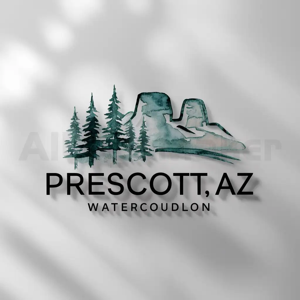a logo design,with the text "Prescott, AZ", main symbol:watercolor pine tree forest scene with desert flat top mountains in the background,Minimalistic,clear background