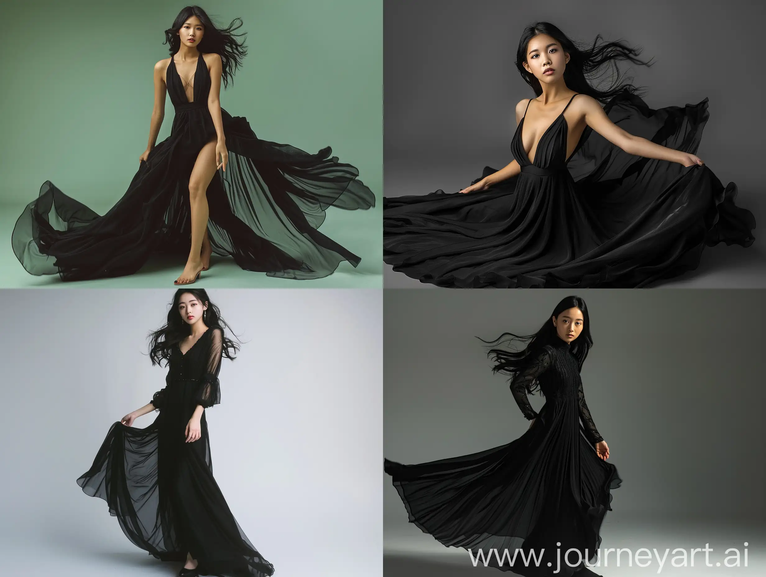 亚洲年轻女模特 商业摄影 服装摄影 黑色连衣裙  棚拍 单反拍摄 全身照