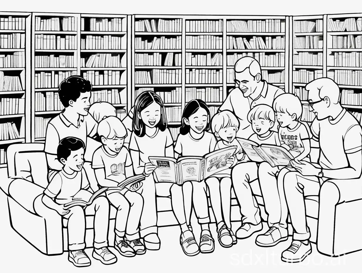 Outline sketch, warm, positive, playful, showing parents and children together in a school library participating in a parent-child reading activity. In the animation, parents and children are browsing books together, with children's faces brimming with curiosity and joy, while parents patiently explain the story content.
