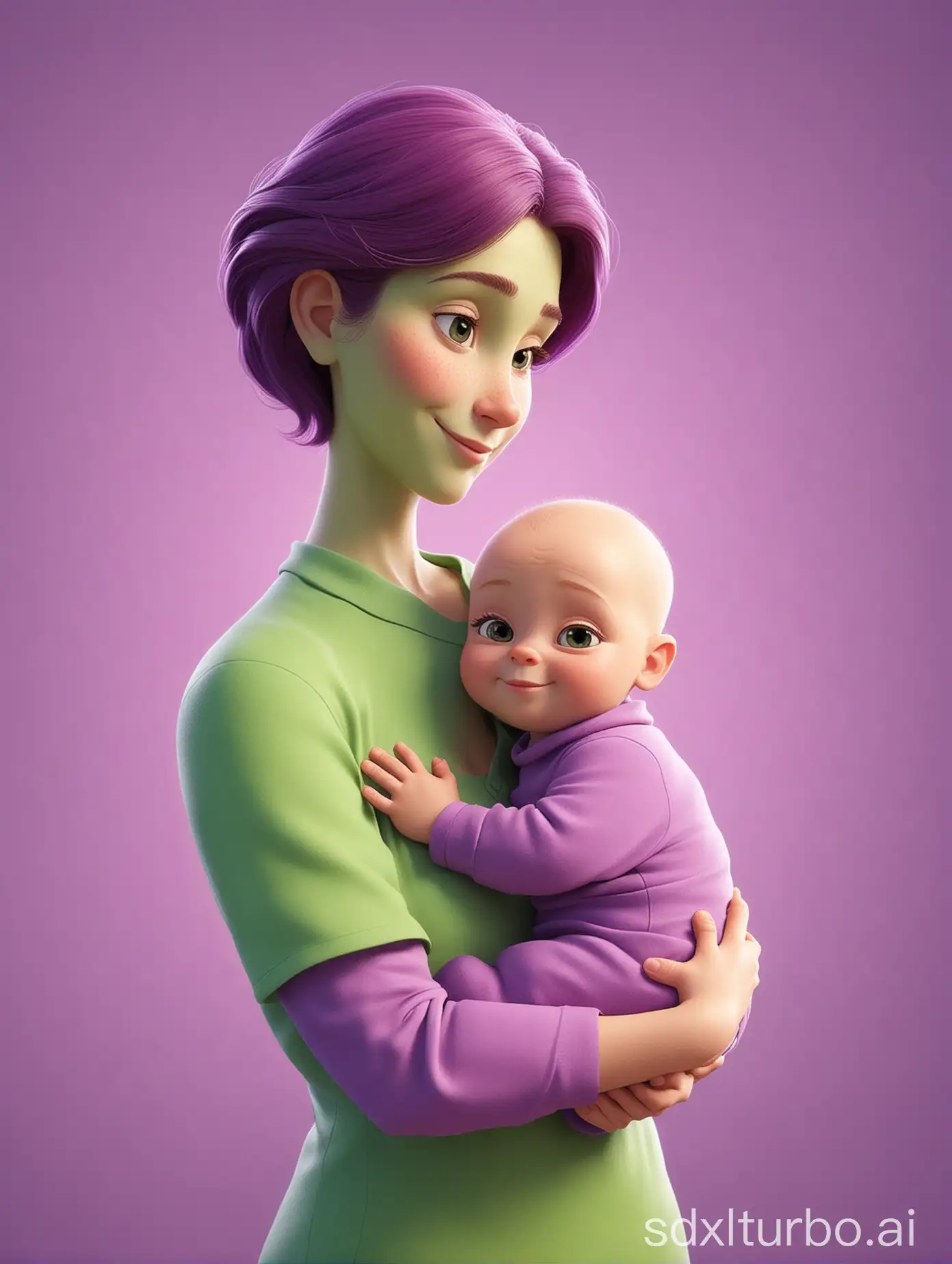 Mother's Day, the main subject is a mother holding a child, characters are all cartoon characters without hair, skin is green, head is round, background is purple, illustration style