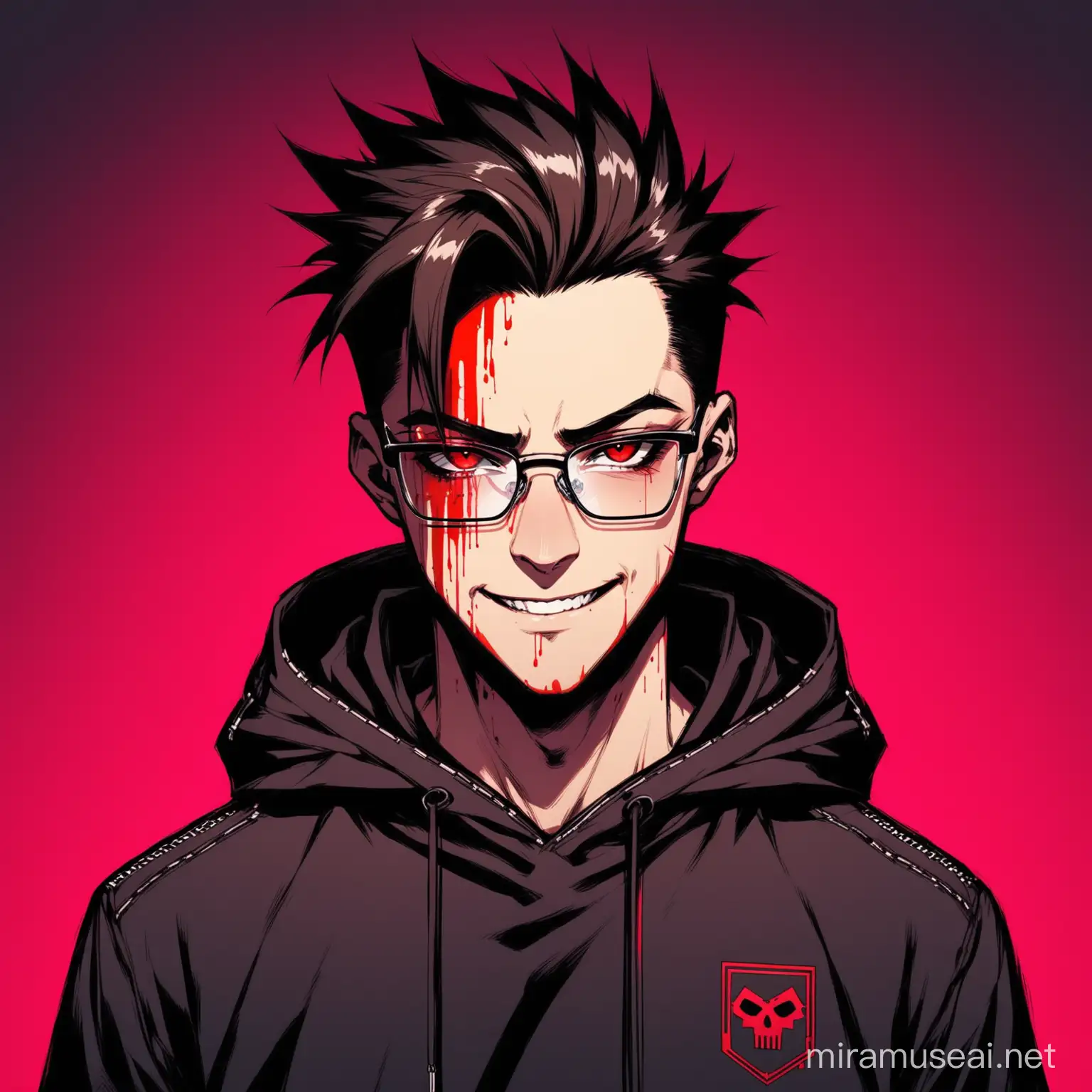 cool,hacker,cyberpunk hoodie,glasses,quiff hairs,oblong face,big nose,small mouth,m shape hairline,handsome,aesthetic,psycho smile,gradient background,blood on face,red eyes
