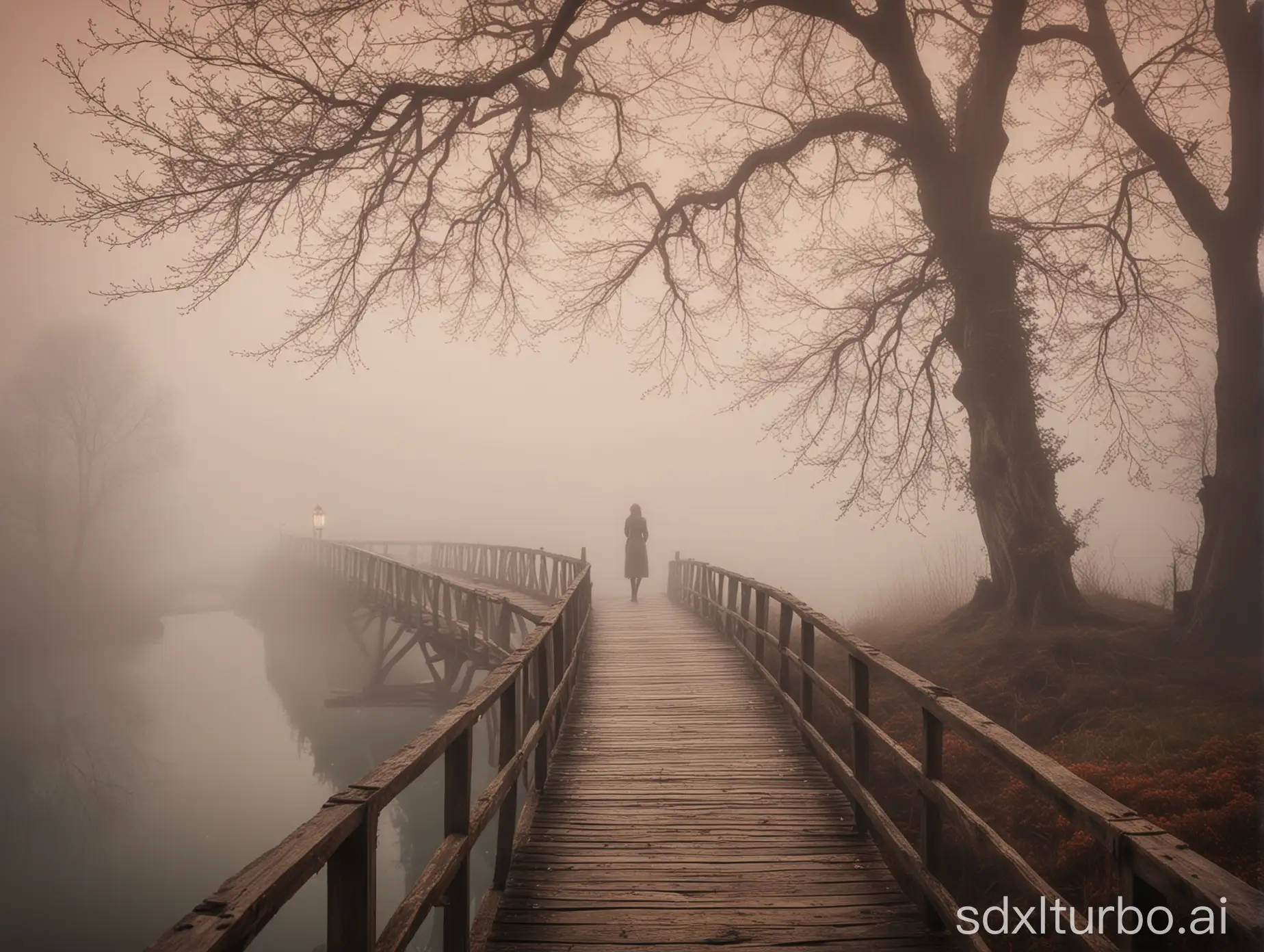 Mystical Landscape, Fog, Tree, Person, Bridge, Romance