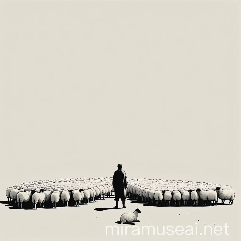 Minimalist drawing showing 99 sheep and a man kneeling with one away from the herd