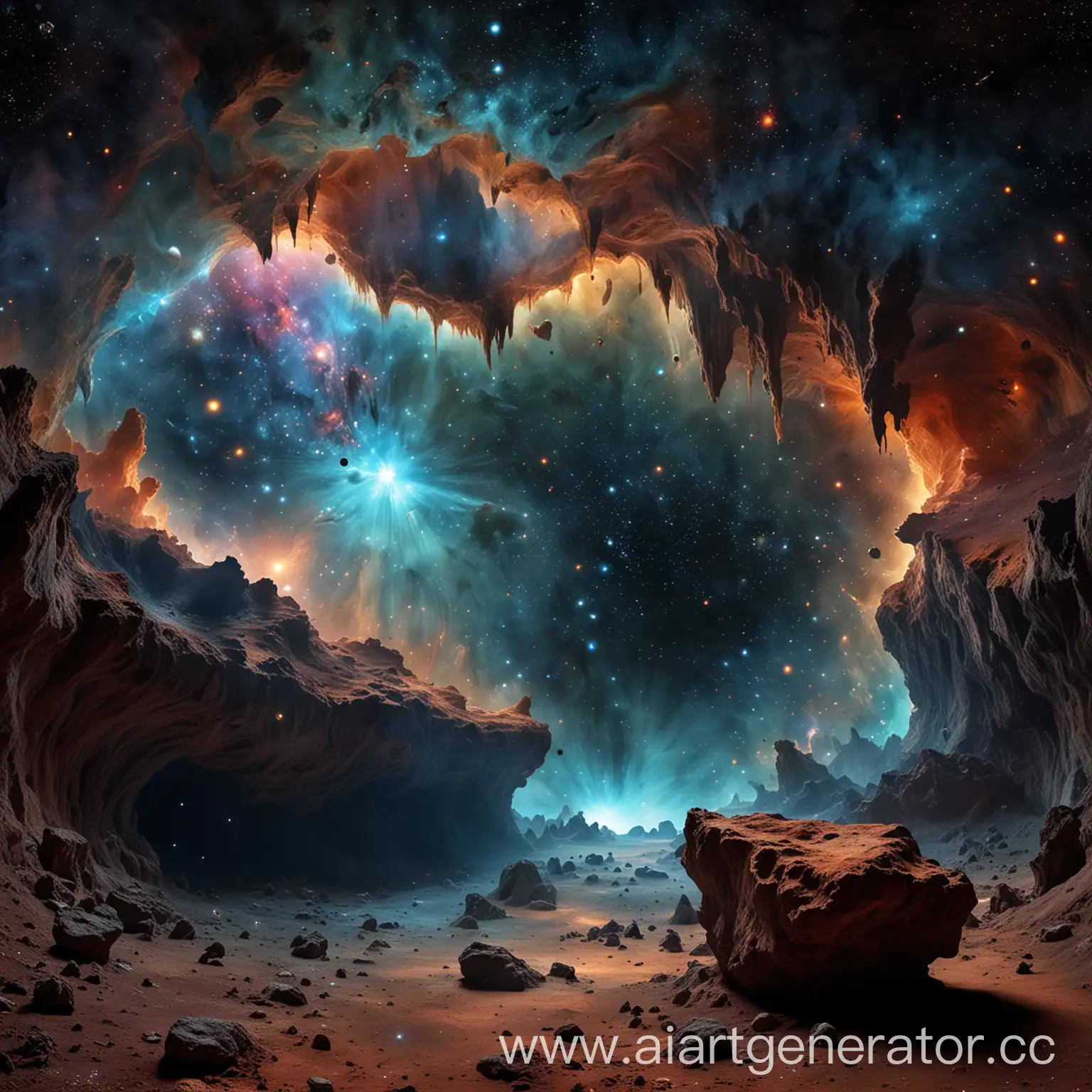 Exploring-a-Mystical-Cave-Amidst-Starry-Nebula-and-Planets