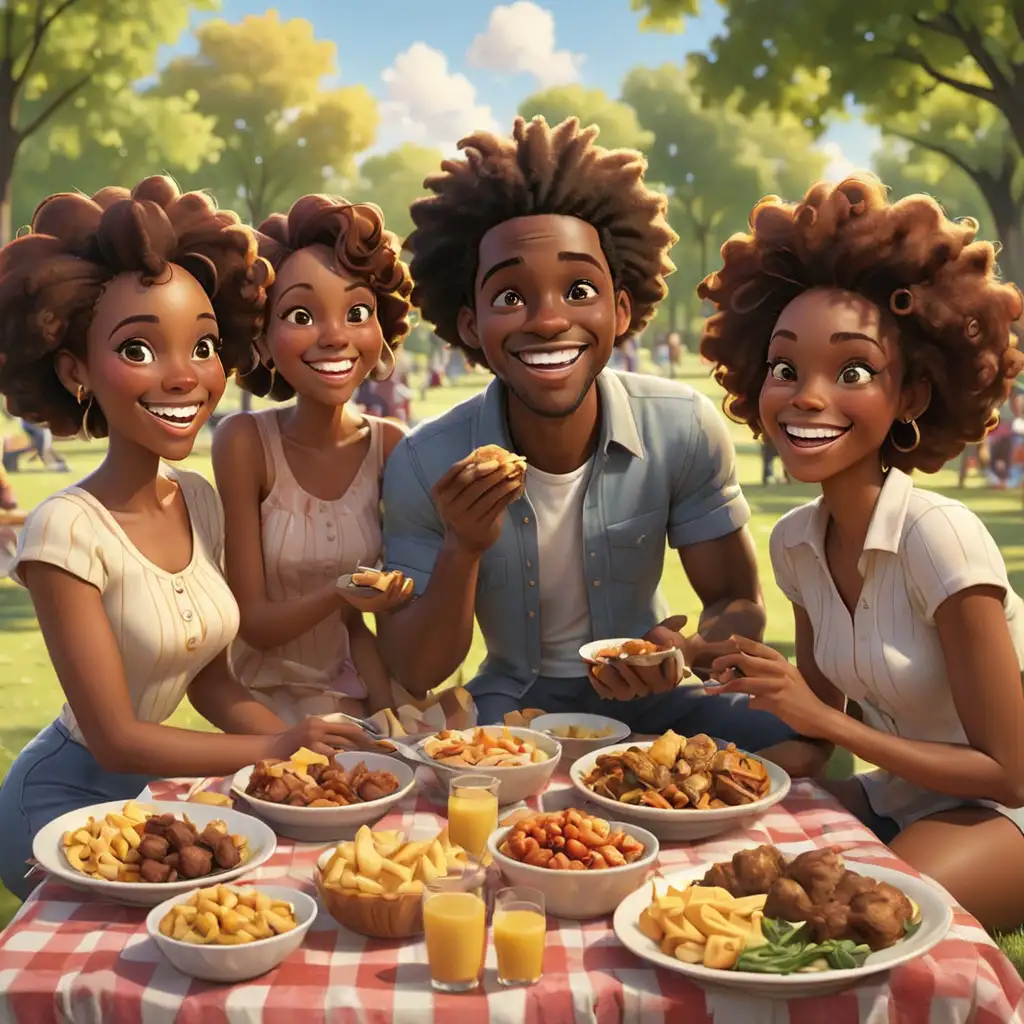 defined 3D cartoon-style several African Americans having a soul food picnic in the park smiling  