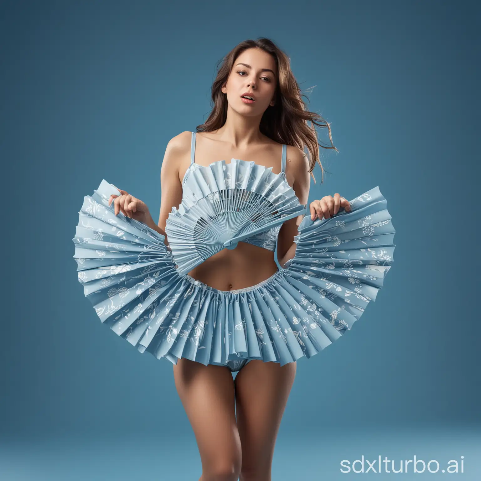 Generate an image of a blue background with a fan in the center blowing away various articles of clothing, focusing on women's underwear. The fan should be depicted with rotating blades, and the underwear should be depicted in various colors and styles, being blown away in different directions by the fan's force. Ensure the composition is dynamic and visually engaging.