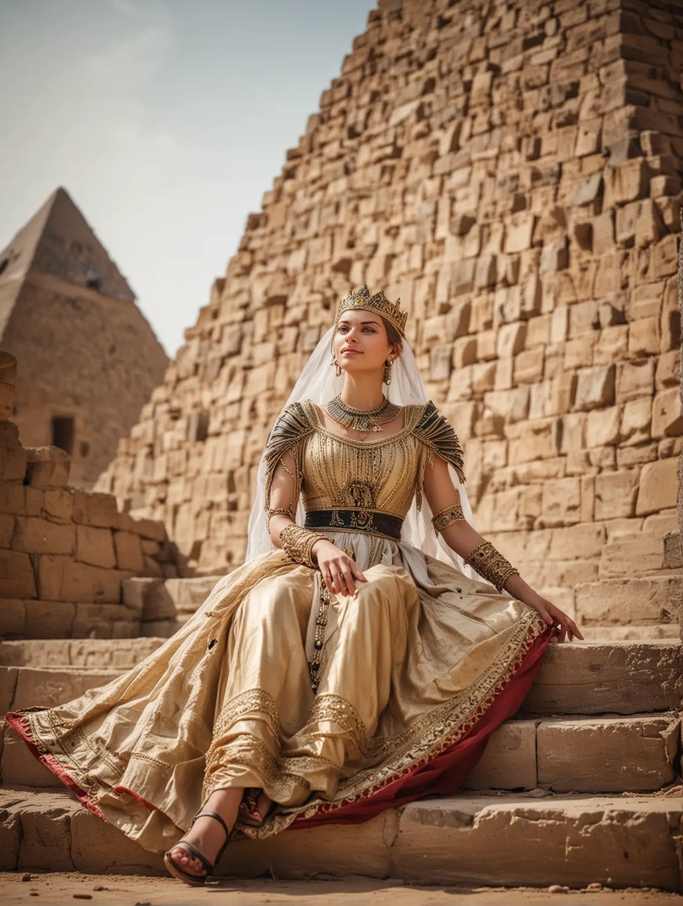 European-Woman-in-Egyptian-Queen-Dress-at-Medieval-Pyramid
