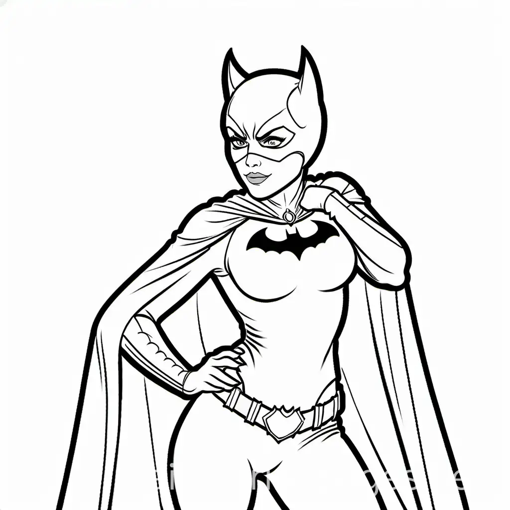 Catwoman nad batman, Coloring Page, black and white, line art, white background, Simplicity, Ample White Space. The background of the coloring page is plain white to make it easy for young children to color within the lines. The outlines of all the subjects are easy to distinguish, making it simple for kids to color without too much difficulty.