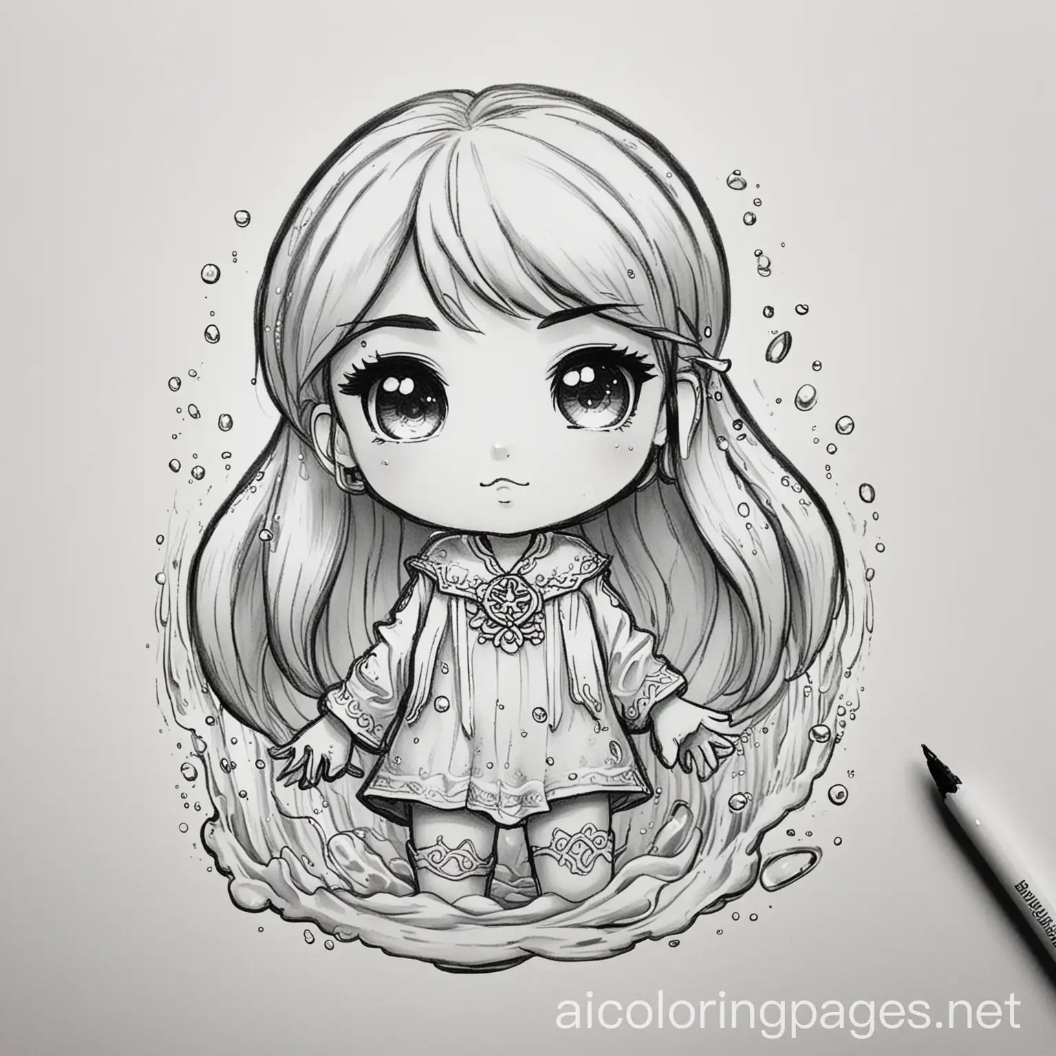 A chibi girl with elemental powers of water coloring book line art, Coloring Page, black and white, line art, white background, Simplicity, Ample White Space. The background of the coloring page is plain white to make it easy for young children to color within the lines. The outlines of all the subjects are easy to distinguish, making it simple for kids to color without too much difficulty