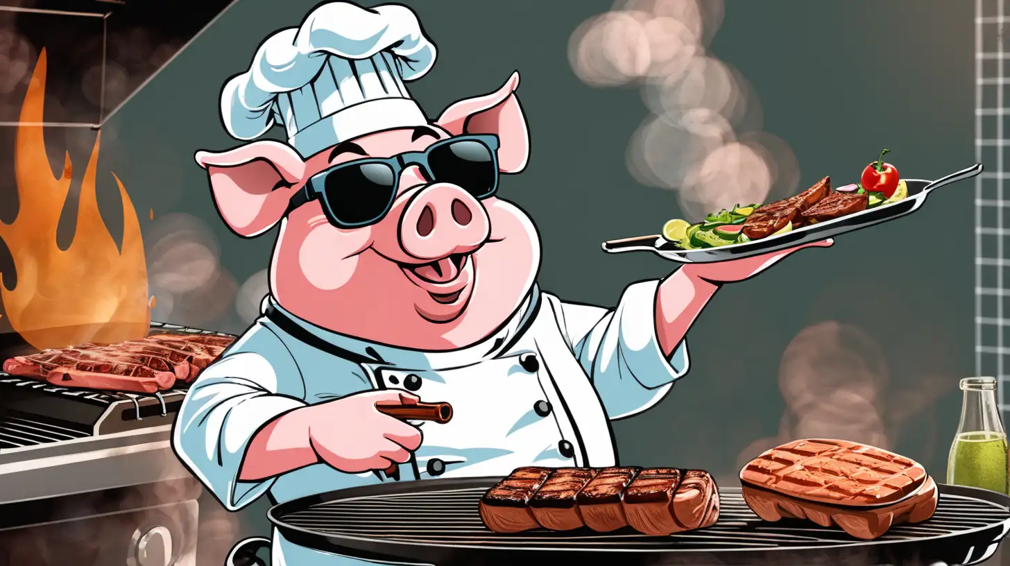 chef pig with sunglasses serving bbq