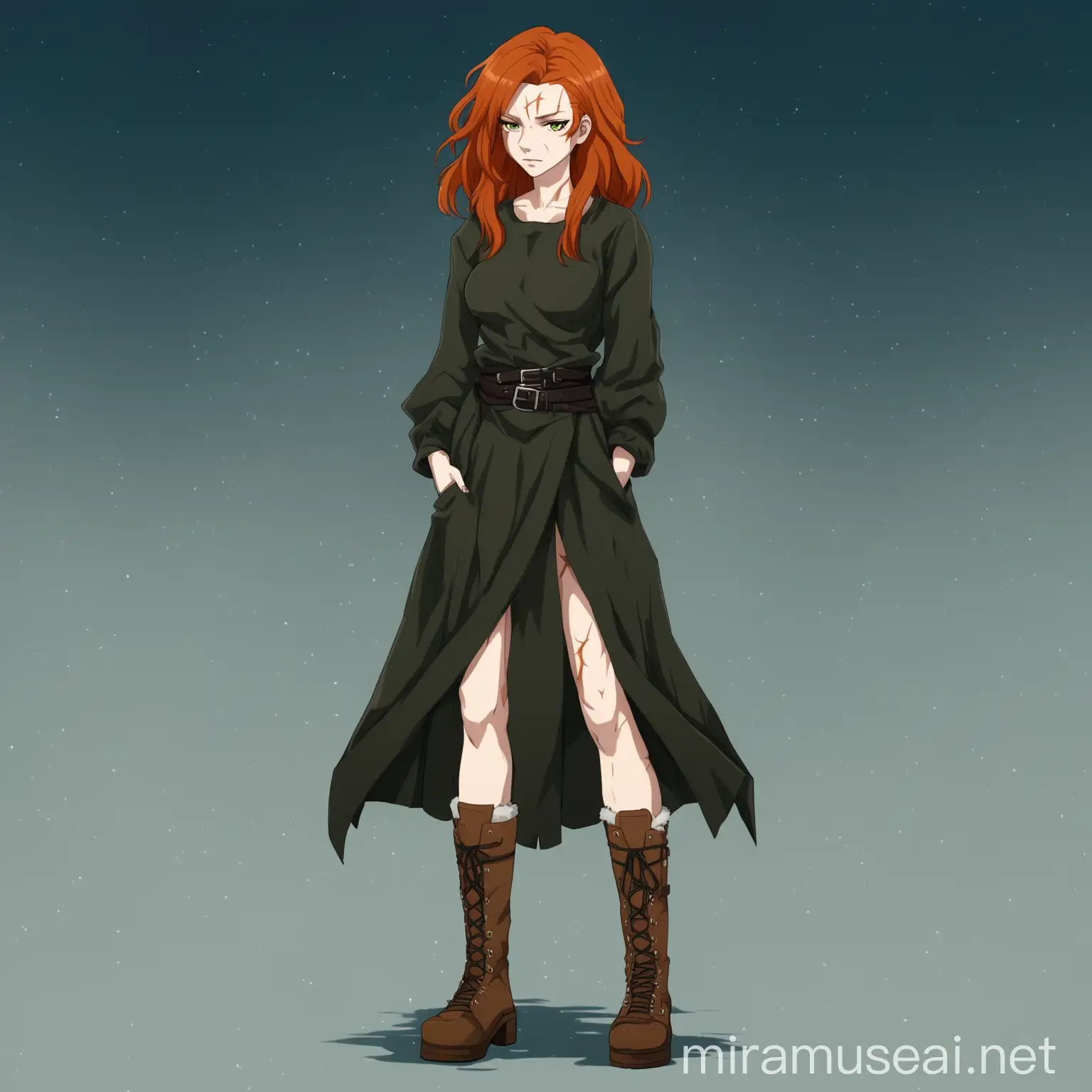 northern woman, ginger hair, beautiful, scar, full body, anime style