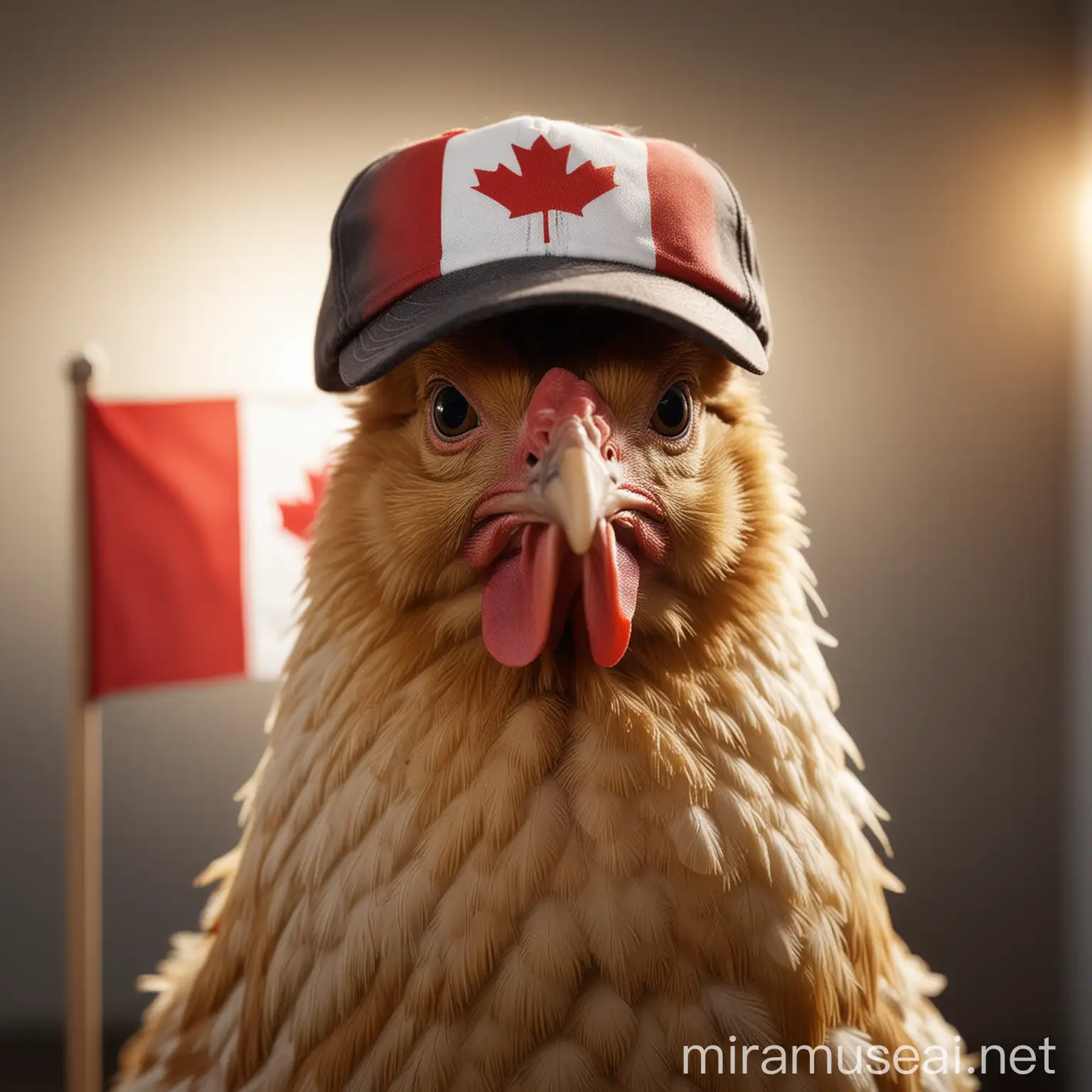 a chicken with a canadian flag on a small baseball cap, looking directly into the camera, blurry light background