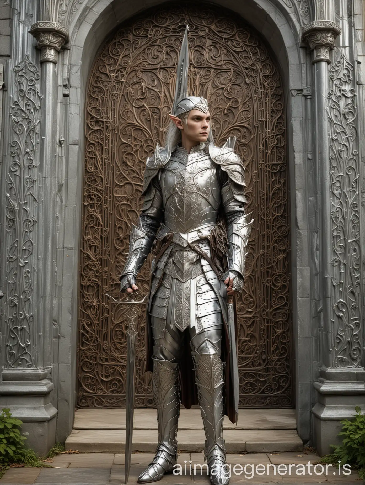 A member of the elven royal guard, clad in gleaming silver armor and carrying a long spear, standing watch at the gates of an elven palace