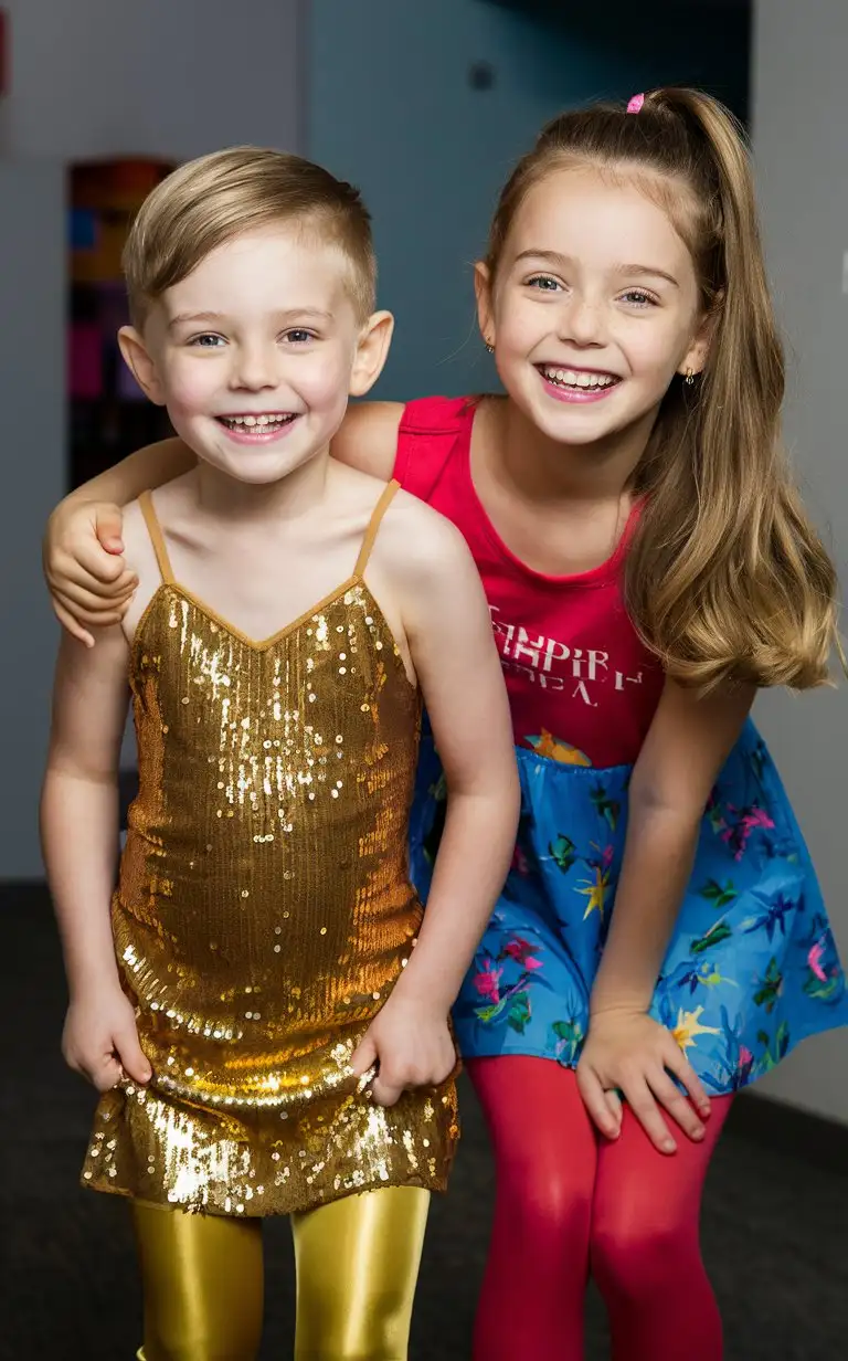 ((Gender role-reversal)), color photograph of a white-skinned brother and sister, an adorable boy with short blonde hair age 8, and an adorable girl with long hair in a ponytail age 9, on vacation at a museum, the girl is laughing because the boy is trying on a golden sequin slip dress with latex tights for fun, they are in the museum toy and costume room, charming smiles, endearing, attractive faces, clear faces, beautiful eyes, straight noses, smooth skin