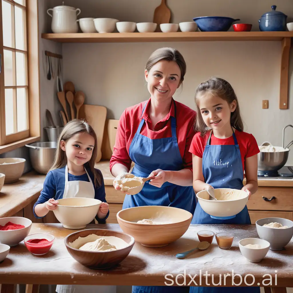 caIn the image, a woman and a young girl are engaged in baking. The woman, wearing a blue apron, is holding a bowl filled with batter, while the girl, wearing a red shirt, is holding a spoon and stirring the batter. They are standing in front of a wooden table, which has three bowls on it, each containing different ingredients. The background of the image is a watercolor painting that adds a touch of artistic flair to the scene.ver in the red sea
