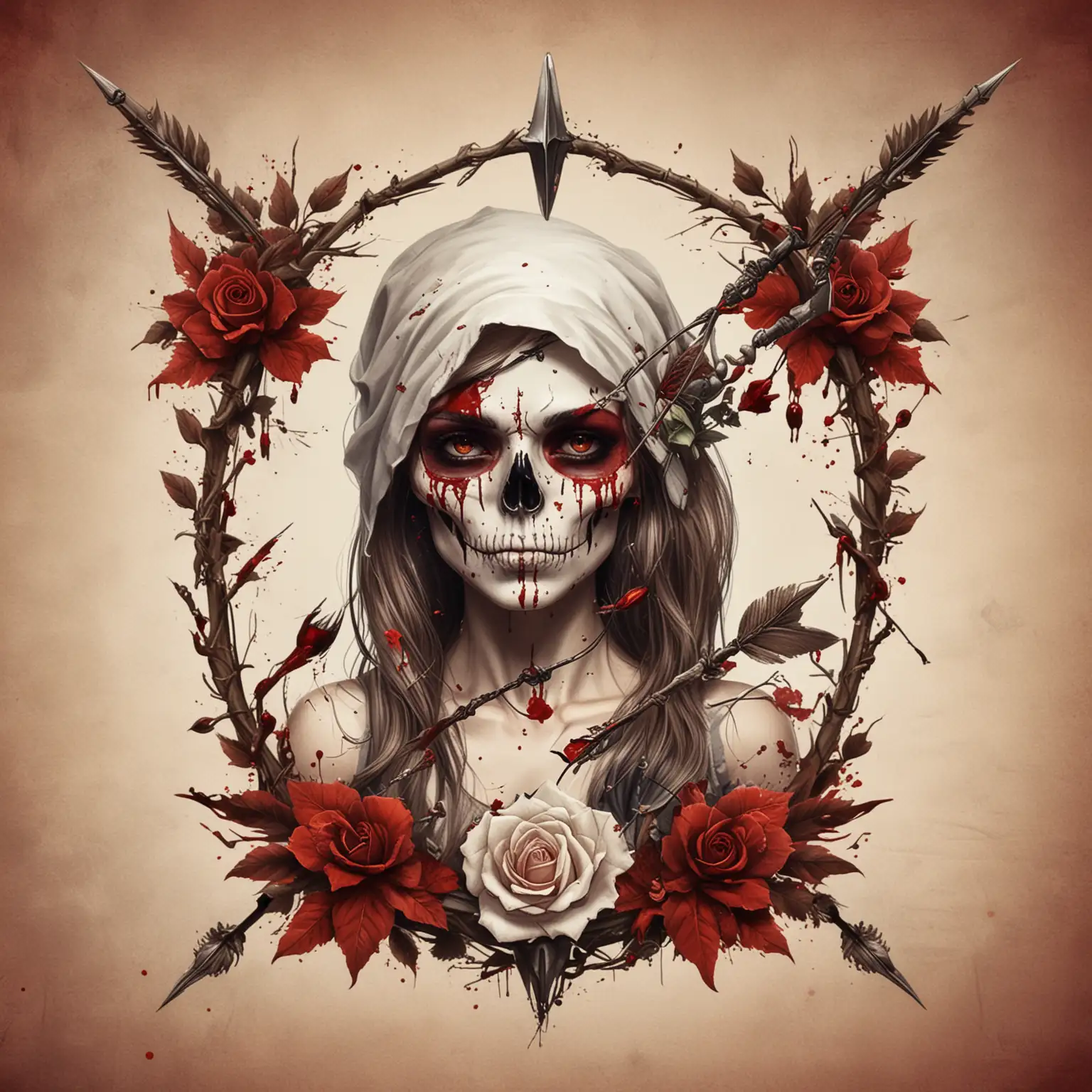 create a logo for a company called savage romance , include a hunting arrow and female skull and a whimsical pretty white rose and bloody thorns, red leaves. make it edgy with a nod to femininity and embrace the way a woman feels as a warrior when her husband is gone. 