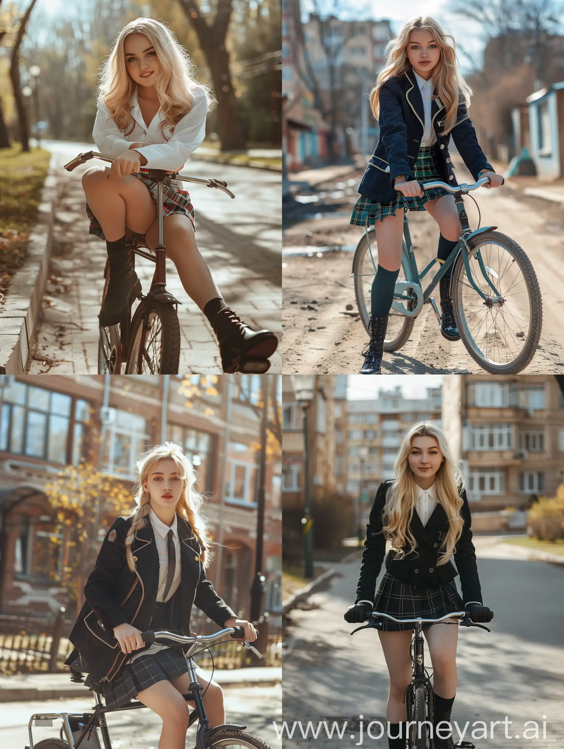 Young-Ukrainian-Woman-in-School-Uniform-Riding-Bicycle-on-Sunny-Day