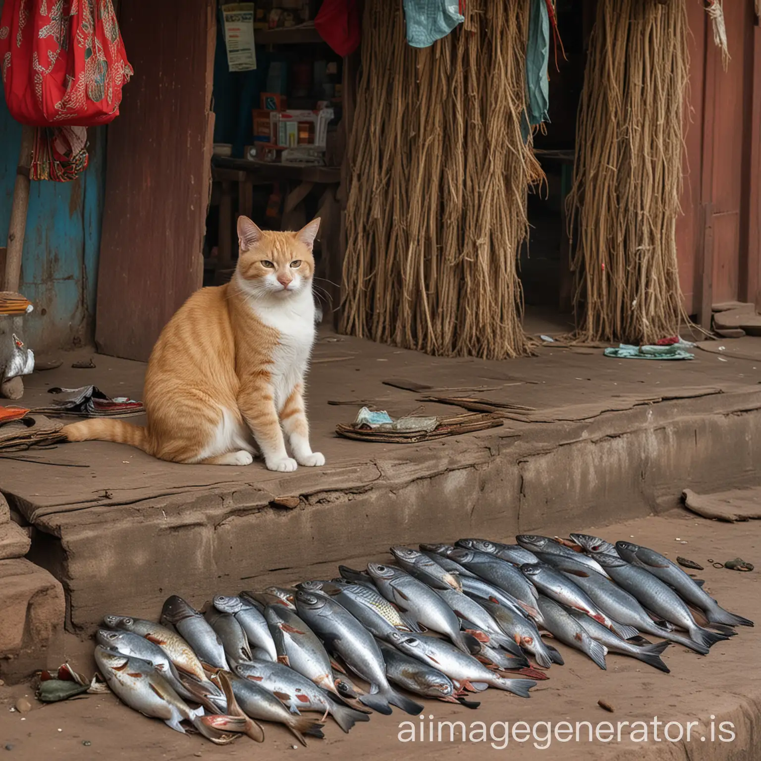 Cat guarding fish indian village shop