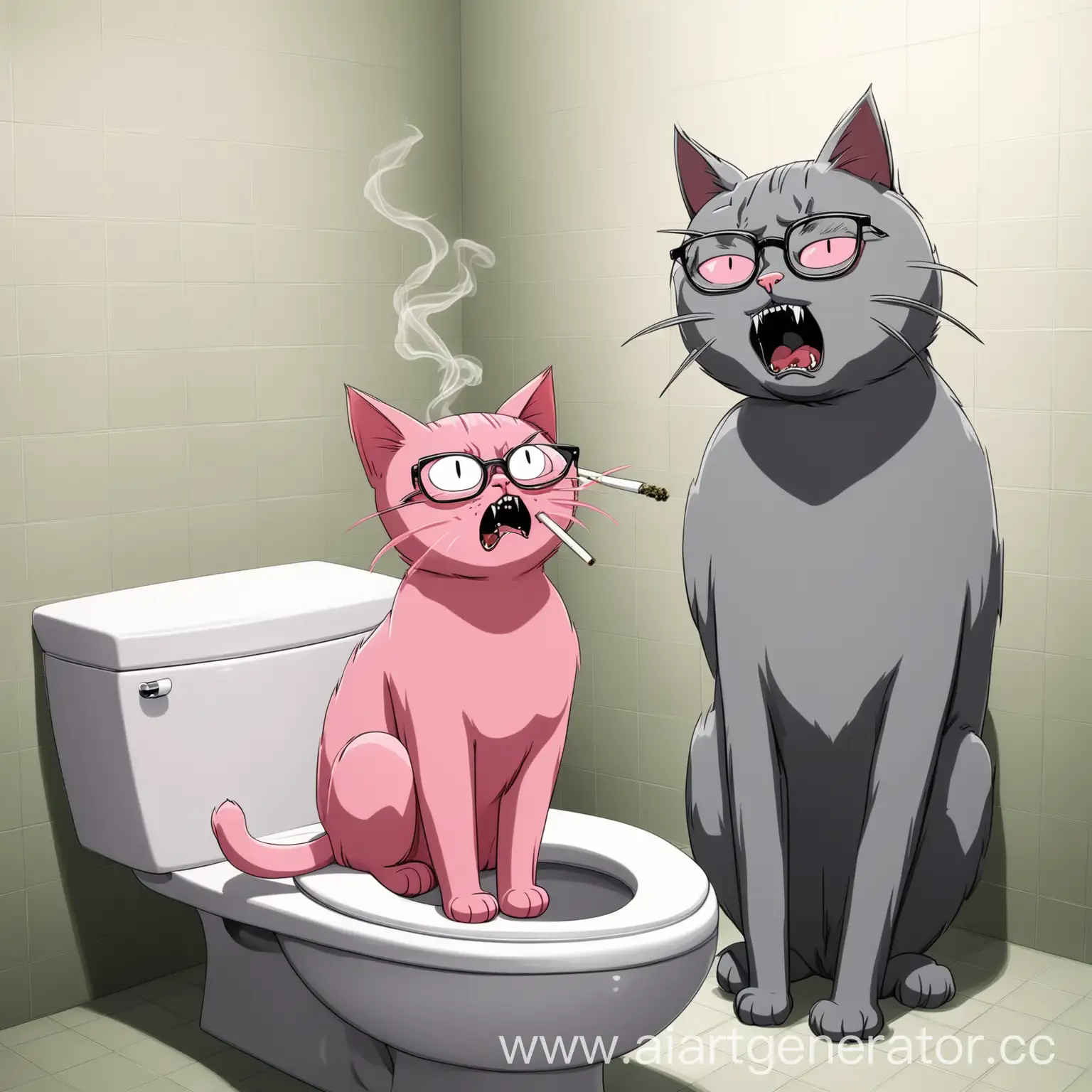 Розовый кот сидит на туалете и курит травку, рядом стоит серый кот в очках и кричит на розового кота