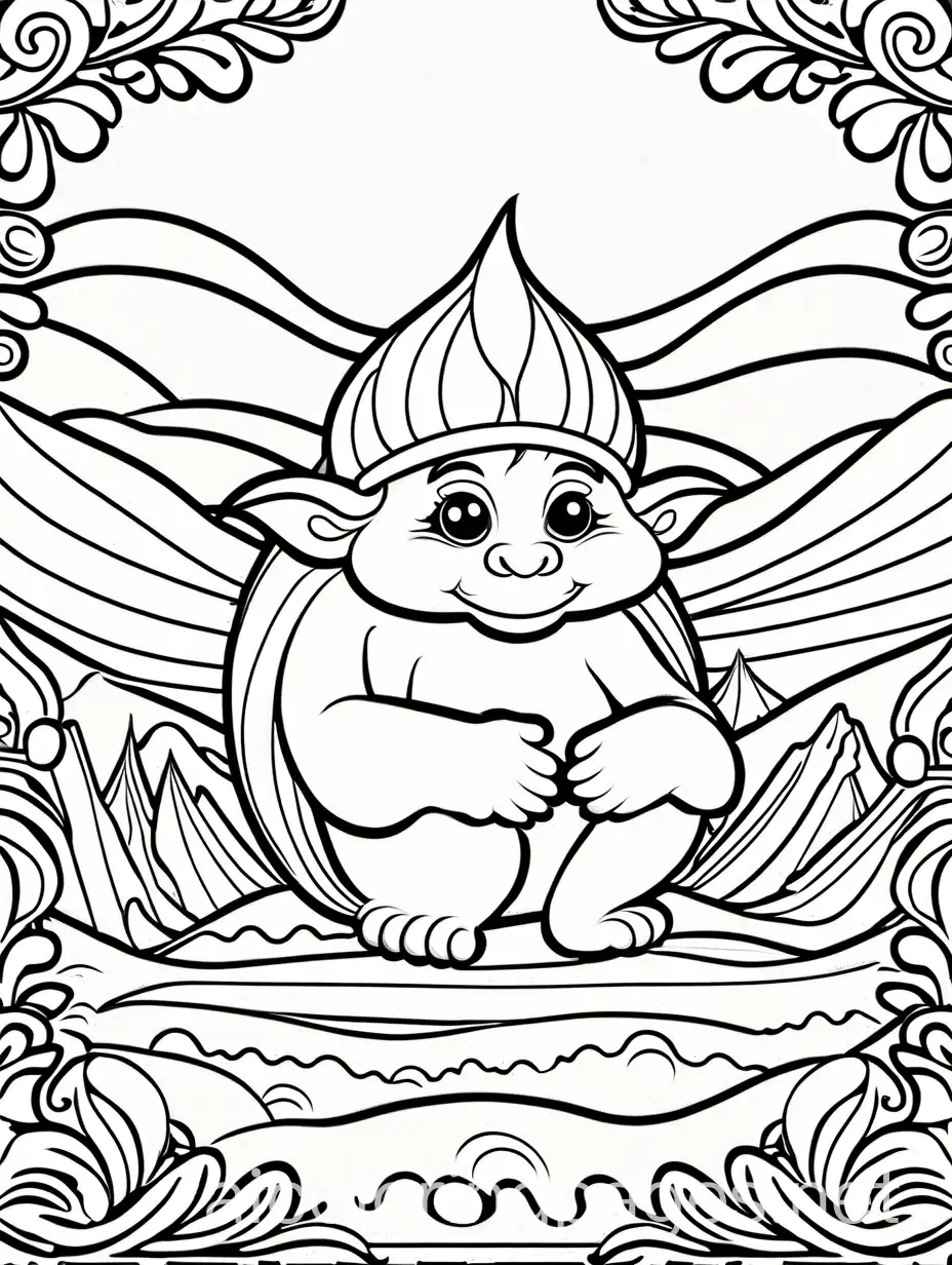 cute troll, colouring page, infant, thick lines, ample white space., Coloring Page, black and white, line art, white background, Simplicity, Ample White Space. The background of the coloring page is plain white to make it easy for young children to color within the lines. The outlines of all the subjects are easy to distinguish, making it simple for kids to color without too much difficulty
