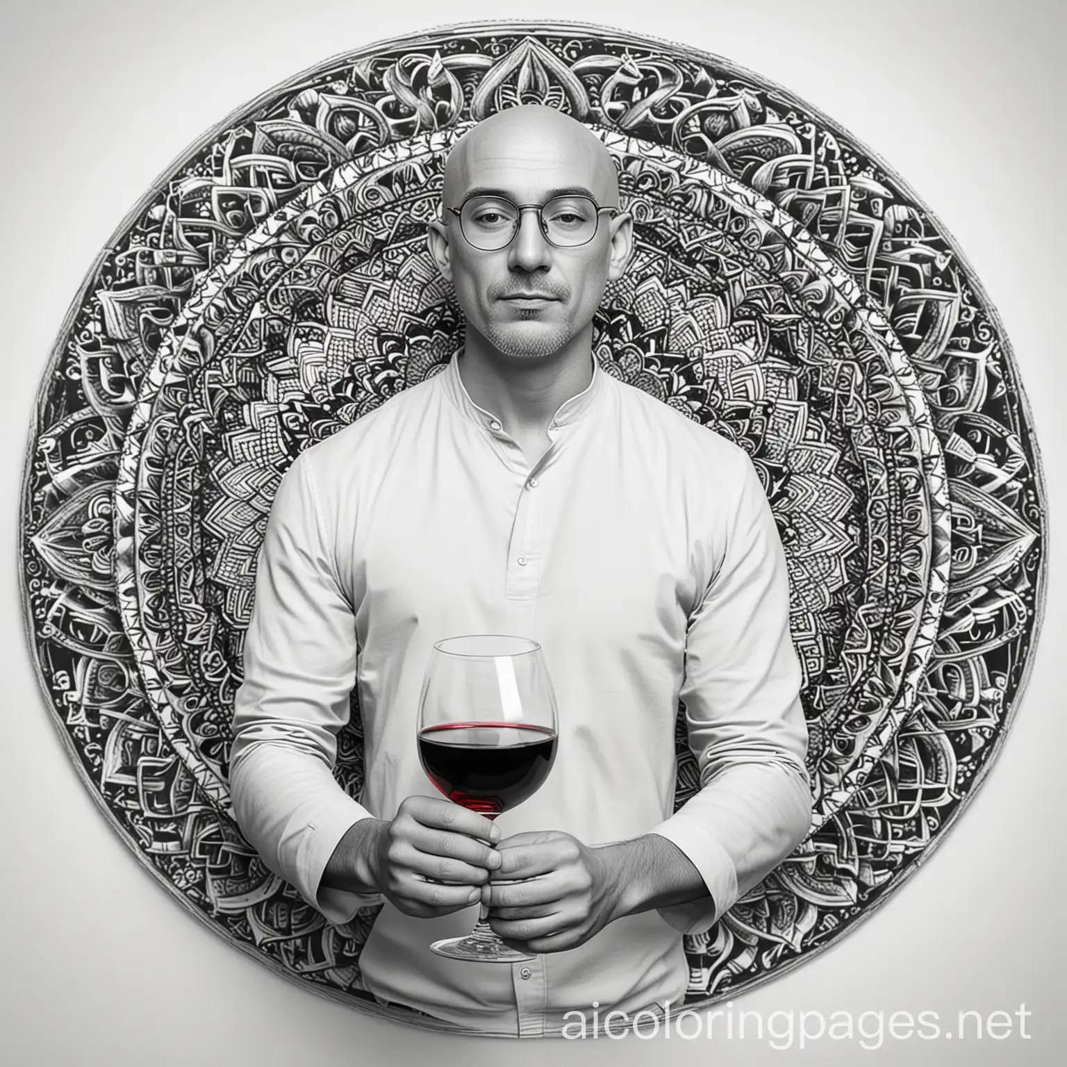 hombre calvo sin lentes con su copa llena de vino tinto sin color mandala para colorear
, Coloring Page, black and white, line art, white background, Simplicity, Ample White Space. The background of the coloring page is plain white to make it easy for young children to color within the lines. The outlines of all the subjects are easy to distinguish, making it simple for kids to color without too much difficulty