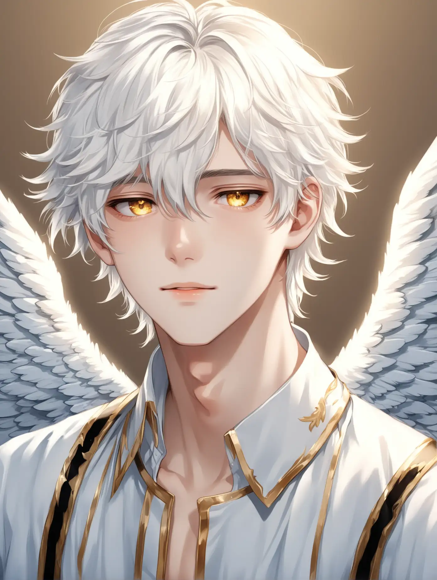 A 19-year-old boy with an angelic appearance.  Angel Face.  White hair, golden eyes.  A very beautiful youthful face.  Sexy boy.  Kind face.
