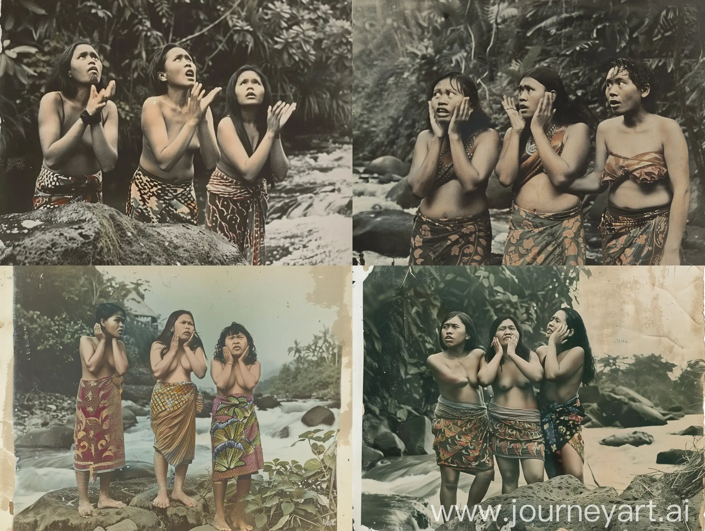 Indonesian kingdom, Three women are worried. They were standing on a river rock.
