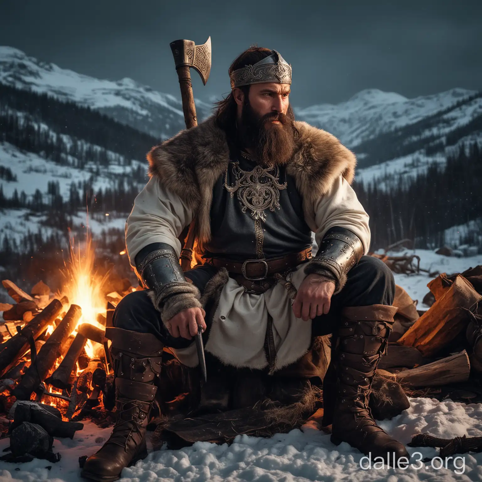 medieval strong russian middle-afed bogatyr in heavy russian viking armor in the northern mountains, holding battleaxe, bold hairstyle, black beard, sitting next to the campfire, winter, night, dark purplish and amber and white colored clothes