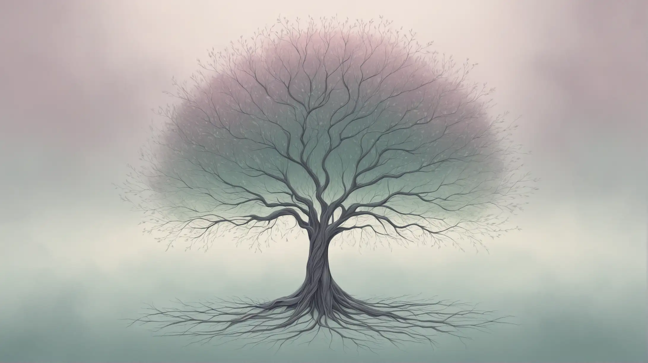 Graceful Dark Purple Tree in Muted Teal and Dusty Rose Mist