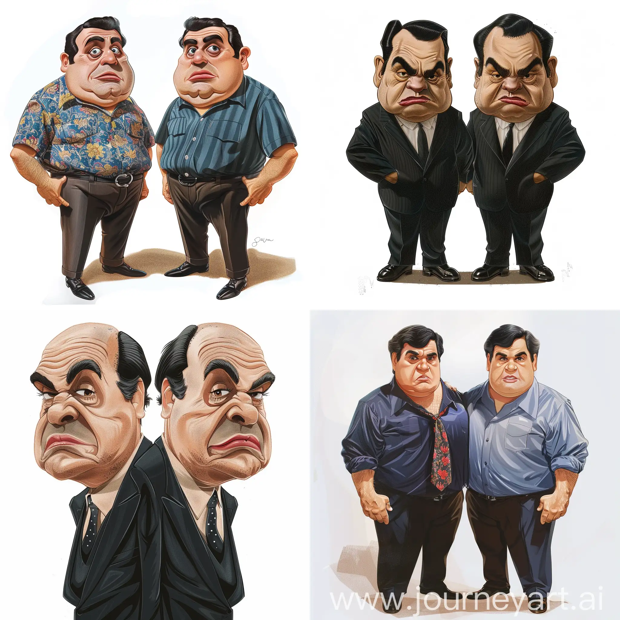 Exaggerated big headed full body caricature illustration of Danny DeVito's identical twin, white background