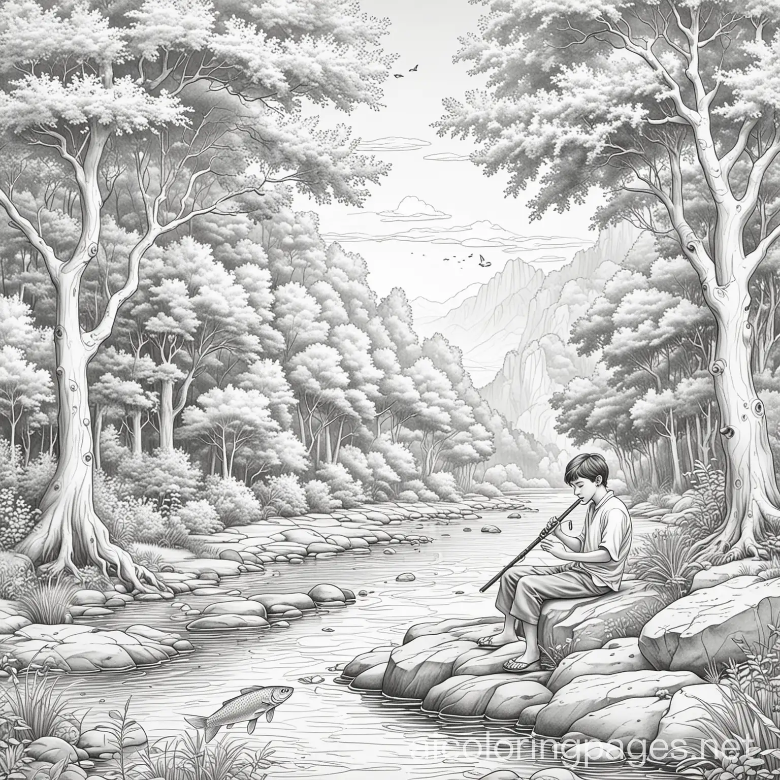Tranquil-River-Scene-Coloring-Page-with-Flute-Player-and-Fish