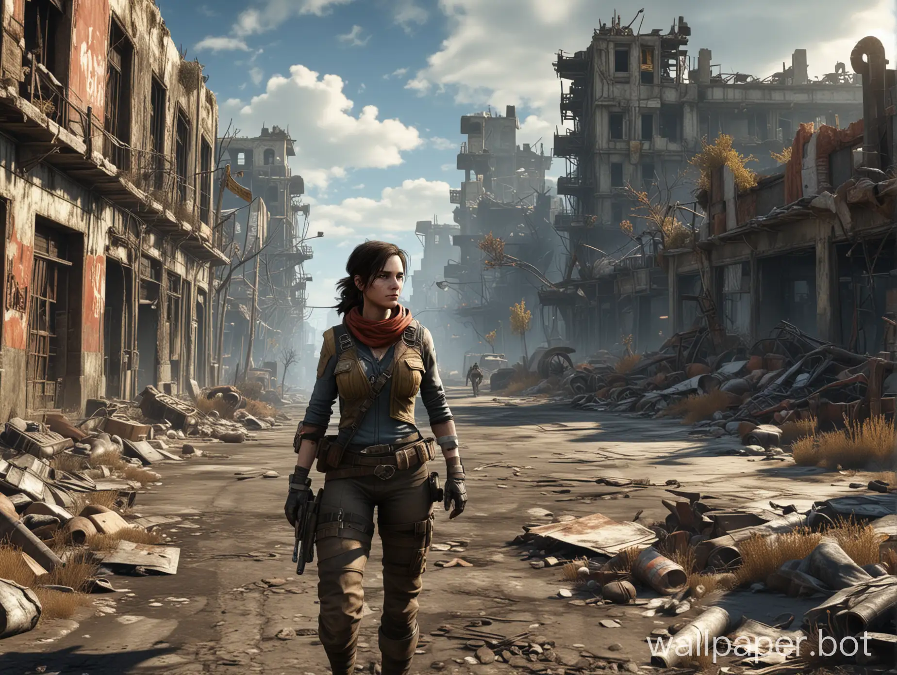 Journalist Piper from the Fallout game walks along the street of the ruined city.