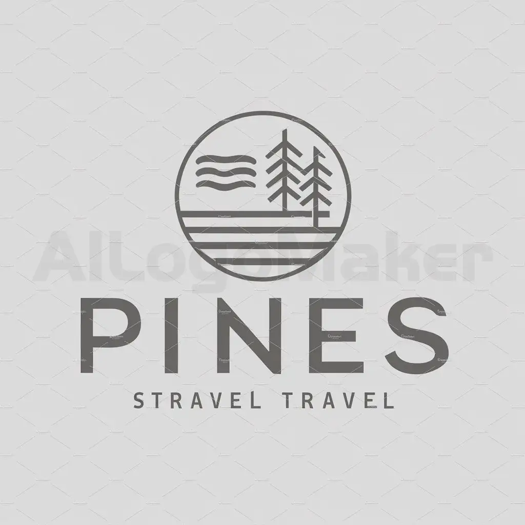 a logo design,with the text "Pines", main symbol:a beach and pine trees and a wave coming through the circle,Moderate,be used in Travel industry,clear background