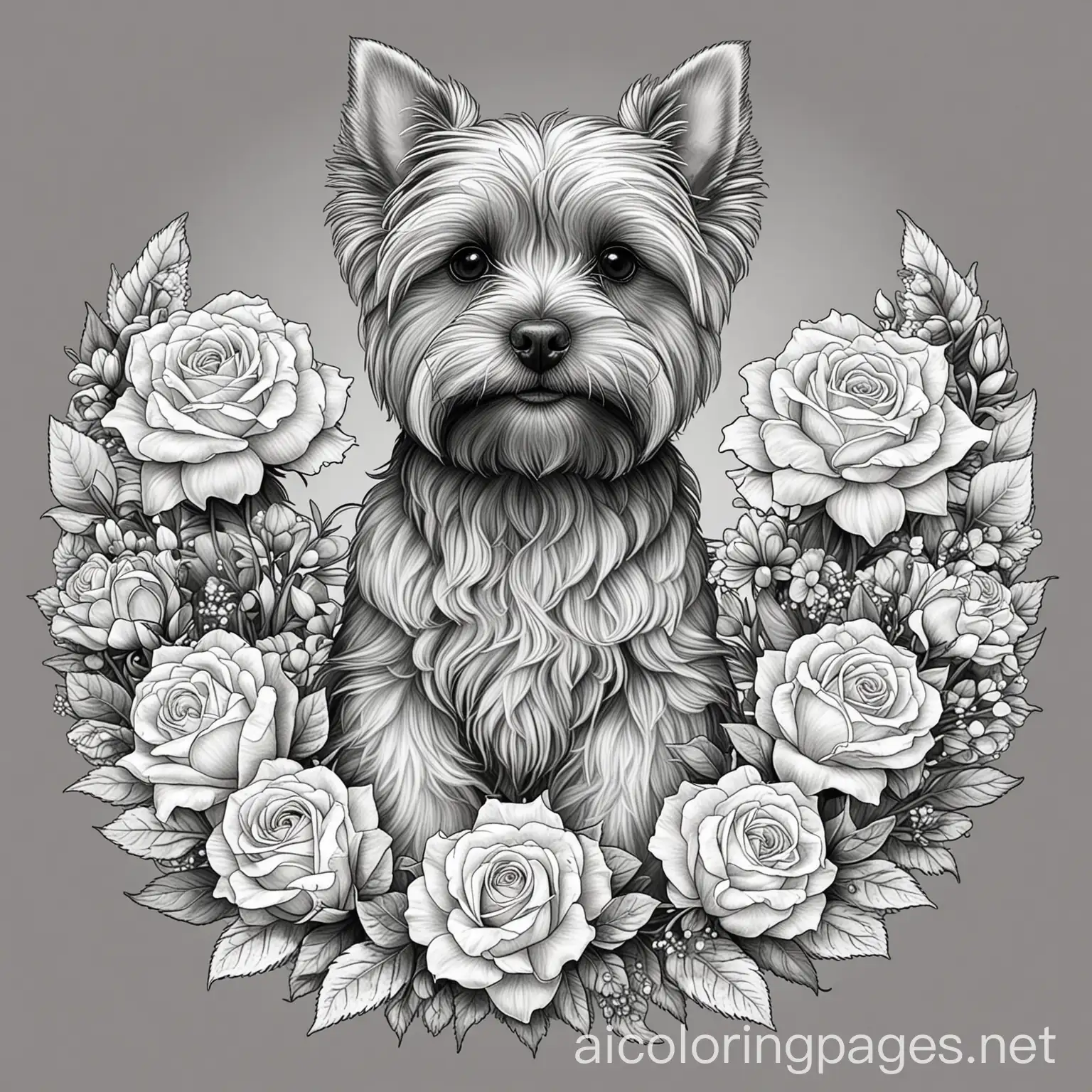 mandala of yorkshire terrier holding a bouquet of white roses for coloring, Coloring Page, black and white, line art, white background, Simplicity, Ample White Space