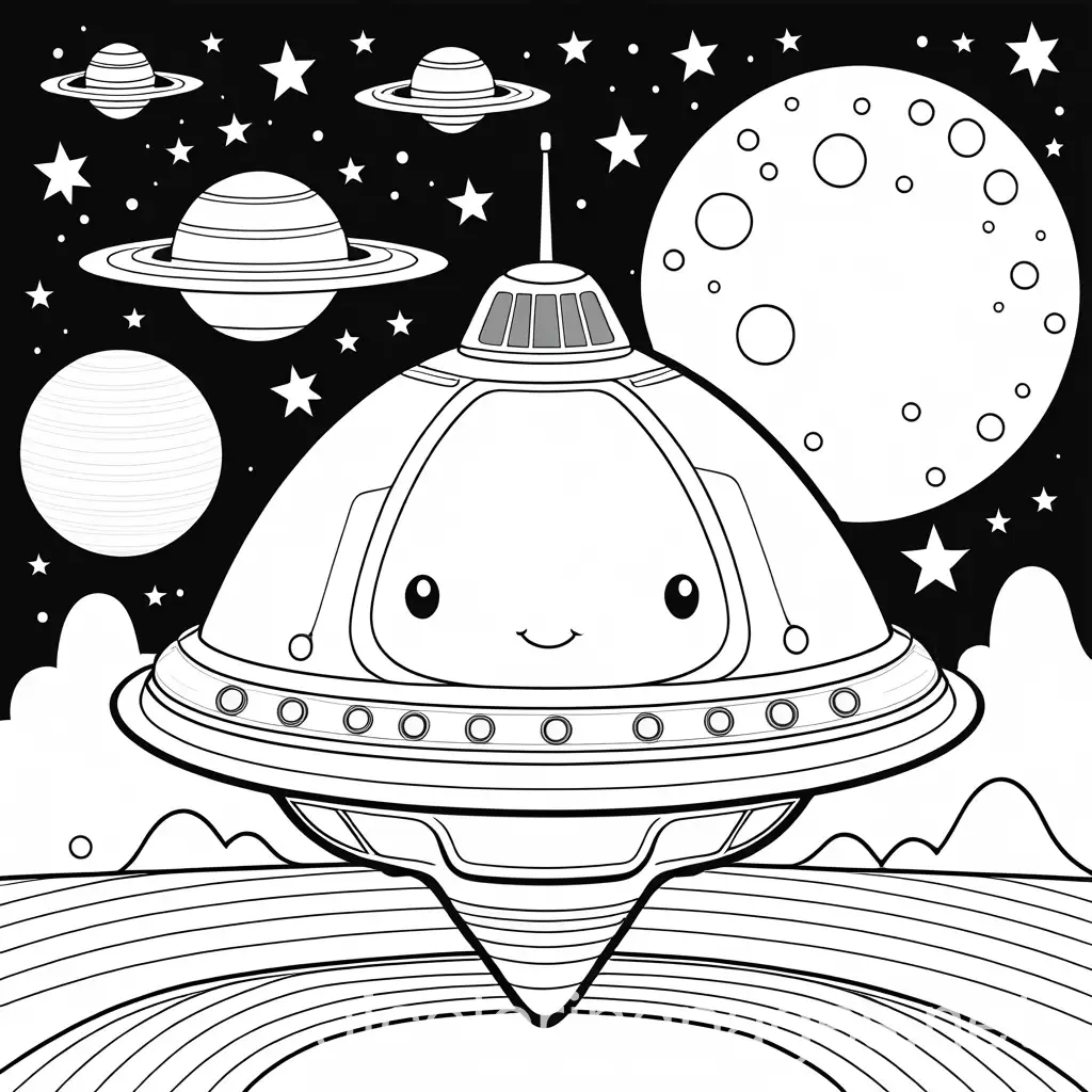 a cute spaceship in space with  cute aliens black and white for coloring book, Coloring Page, black and white, line art, white background, Simplicity, Ample White Space. The background of the coloring page is plain white to make it easy for young children to color within the lines. The outlines of all the subjects are easy to distinguish, making it simple for kids to color without too much difficulty