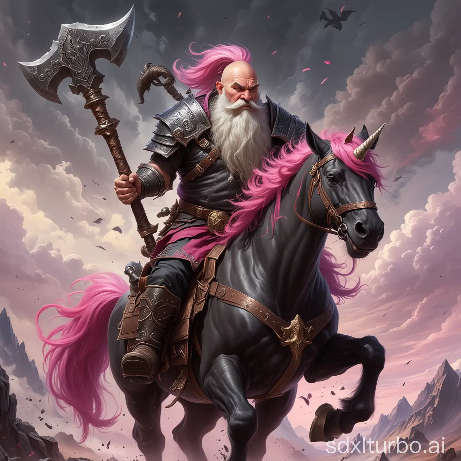 Dwarf-Warrior-Riding-Black-Unicorn-with-DoubleEdged-Axes