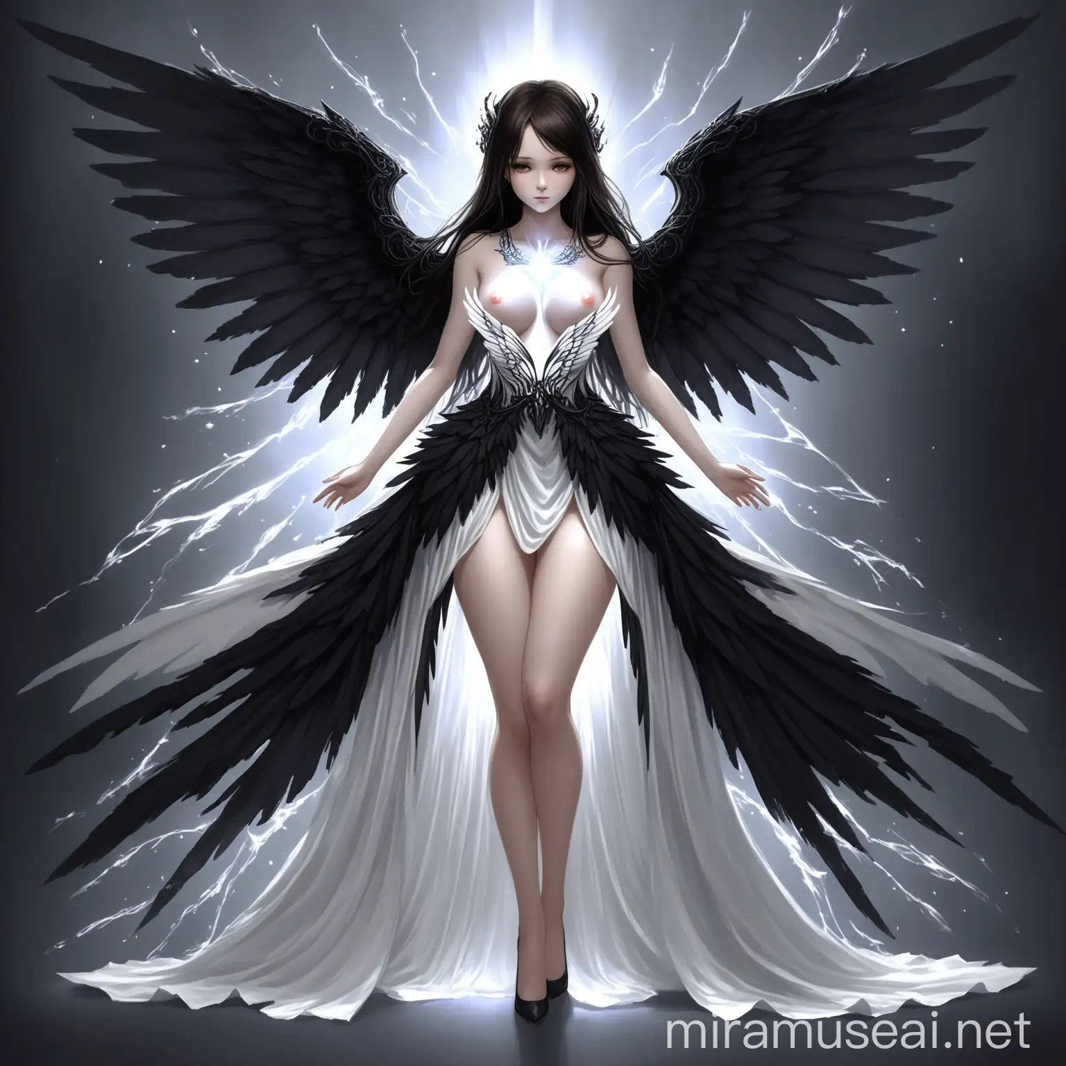 Ethereal Maiden with Energy and Darkness Wings in Elegant Monochrome Attire